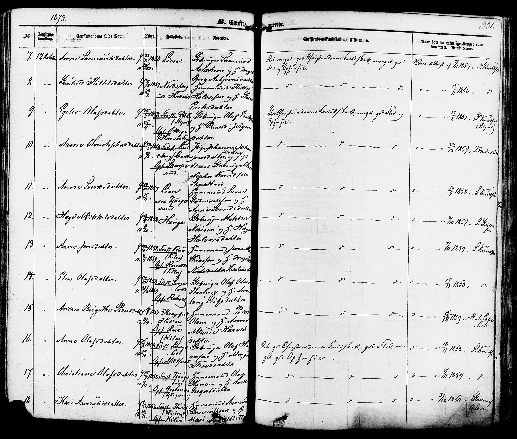Kviteseid kirkebøker, SAKO/A-276/F/Fa/L0007: Parish register (official) no. I 7, 1859-1881, p. 331