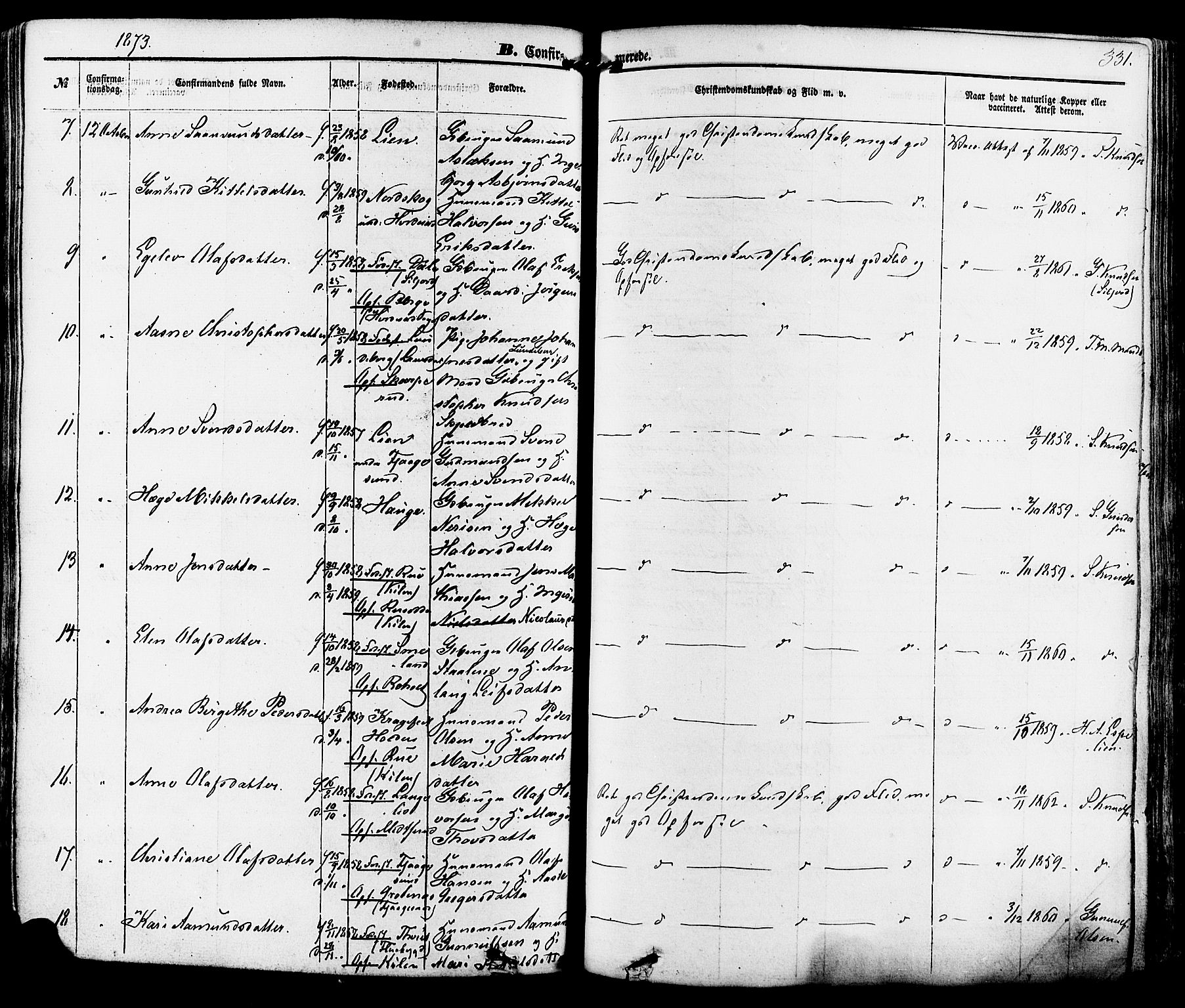 Kviteseid kirkebøker, AV/SAKO-A-276/F/Fa/L0007: Parish register (official) no. I 7, 1859-1881, p. 331