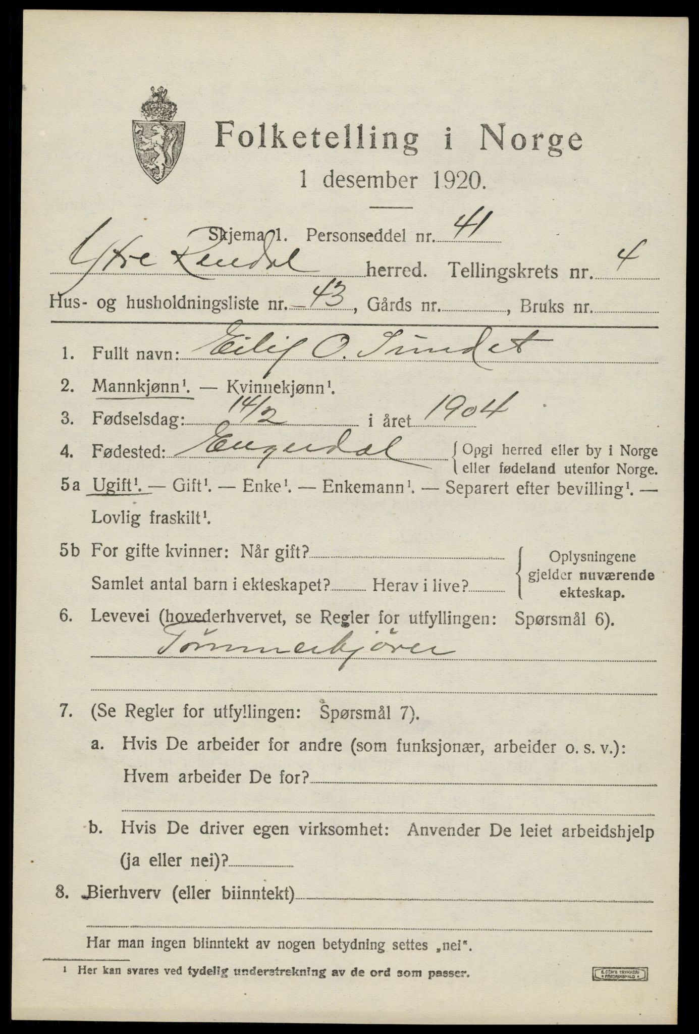 SAH, 1920 census for Ytre Rendal, 1920, p. 2637