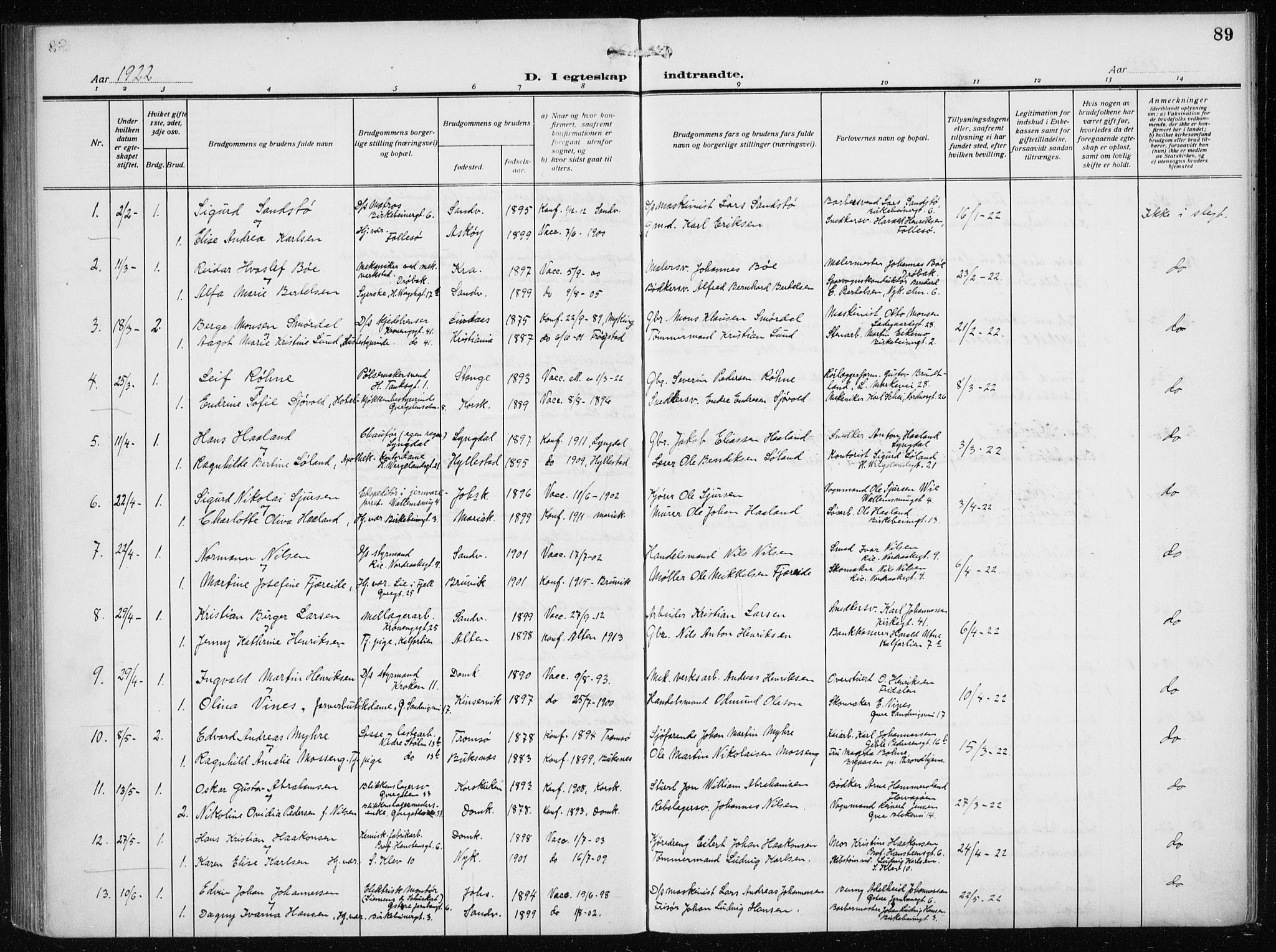 Mariakirken Sokneprestembete, SAB/A-76901/H/Haa/L0015: Parish register (official) no. C 3, 1913-1927, p. 89