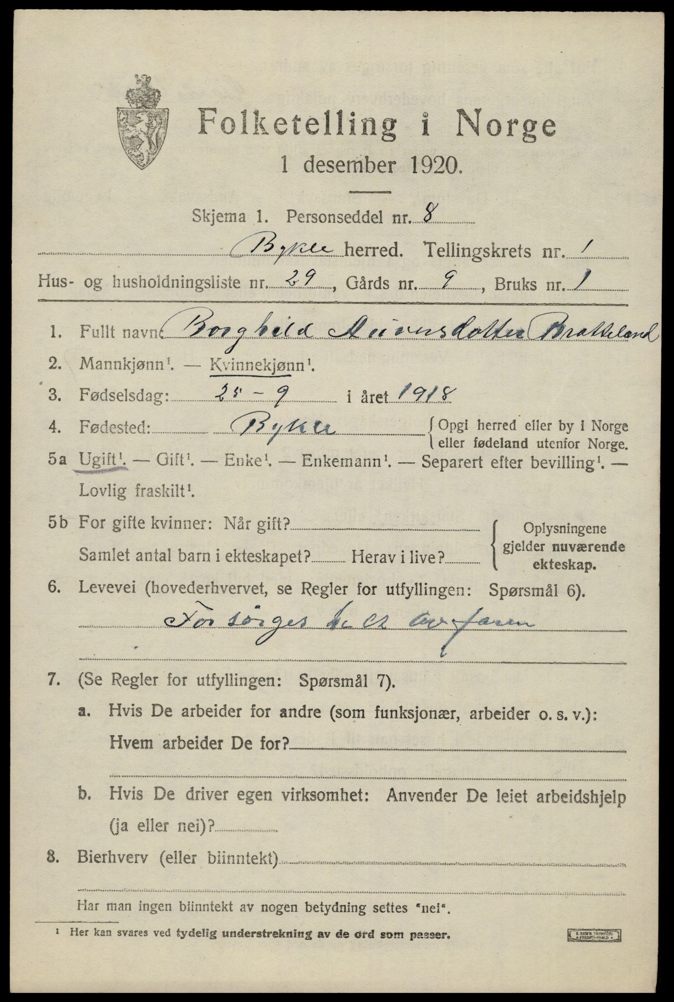 SAK, 1920 census for Bykle, 1920, p. 581