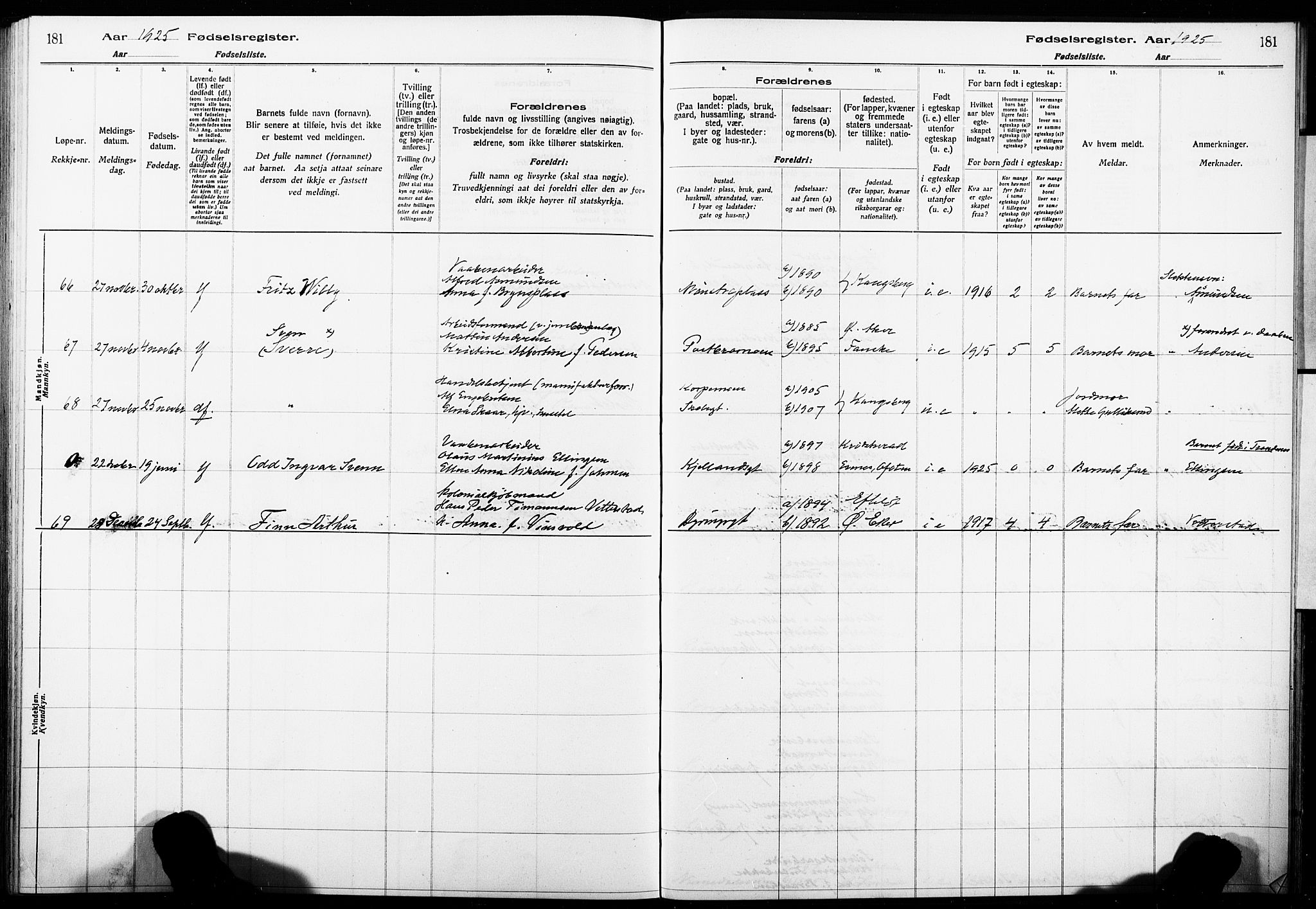 Kongsberg kirkebøker, AV/SAKO-A-22/J/Ja/L0001: Birth register no. I 1, 1916-1927, p. 181