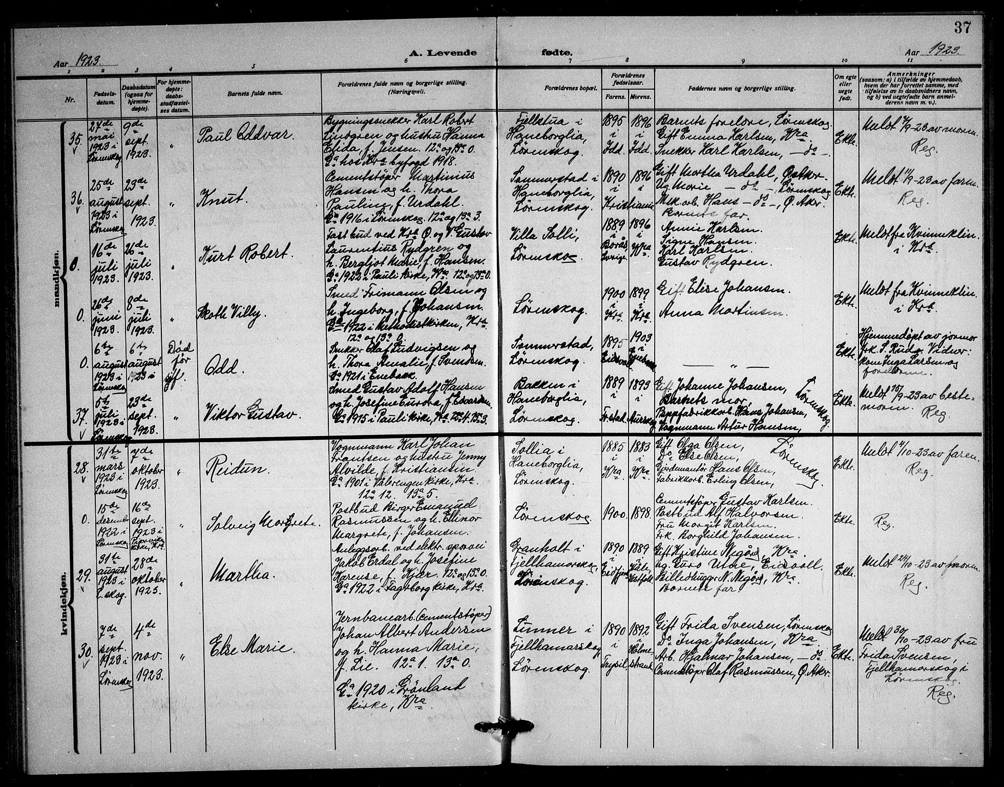 Skedsmo prestekontor Kirkebøker, AV/SAO-A-10033a/G/Gb/L0003: Parish register (copy) no. II 3, 1919-1928, p. 37