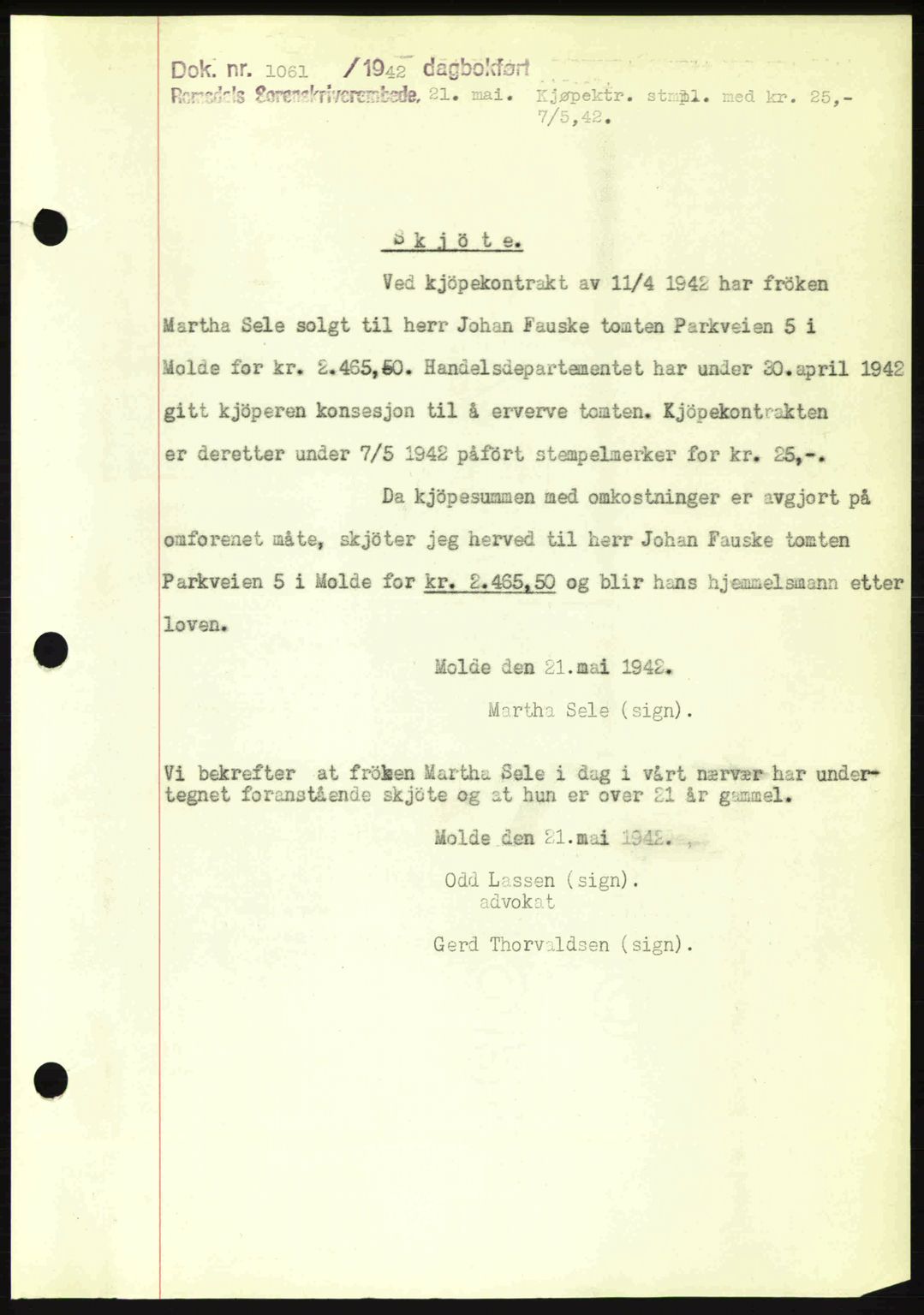 Romsdal sorenskriveri, AV/SAT-A-4149/1/2/2C: Mortgage book no. A12, 1942-1942, Diary no: : 1061/1942