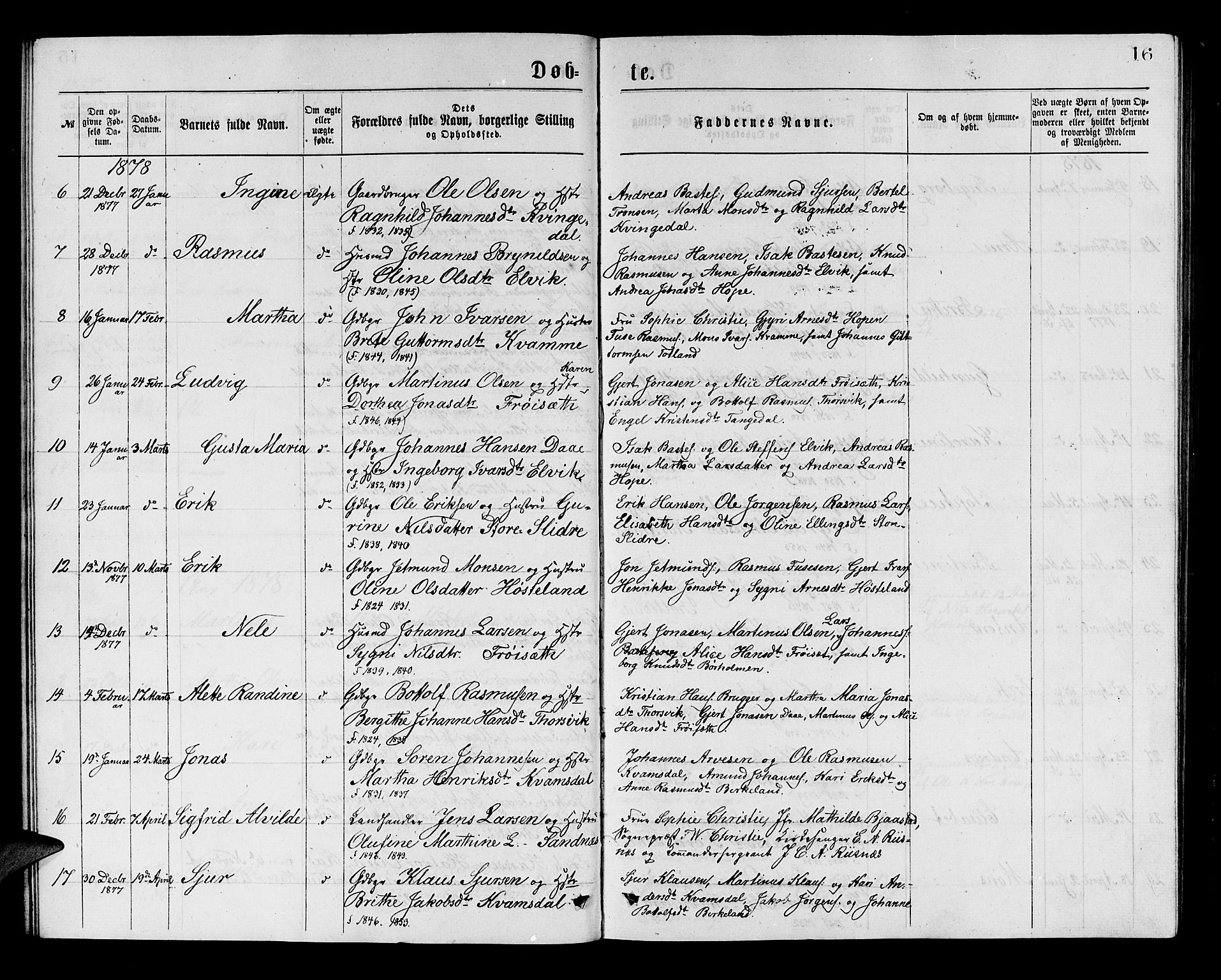 Masfjorden Sokneprestembete, AV/SAB-A-77001: Parish register (copy) no. A 2, 1876-1891, p. 16