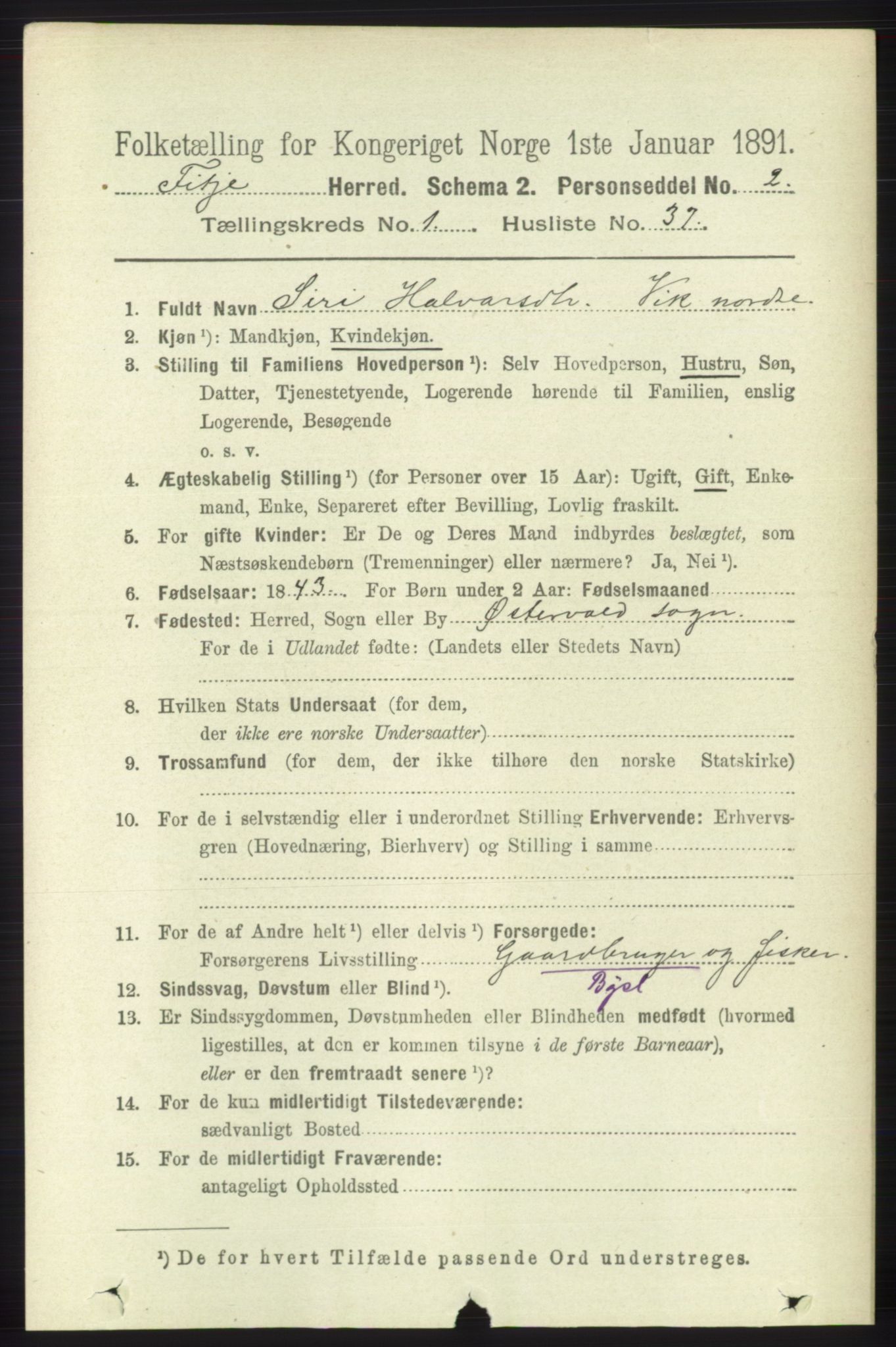 RA, 1891 census for 1222 Fitjar, 1891, p. 302