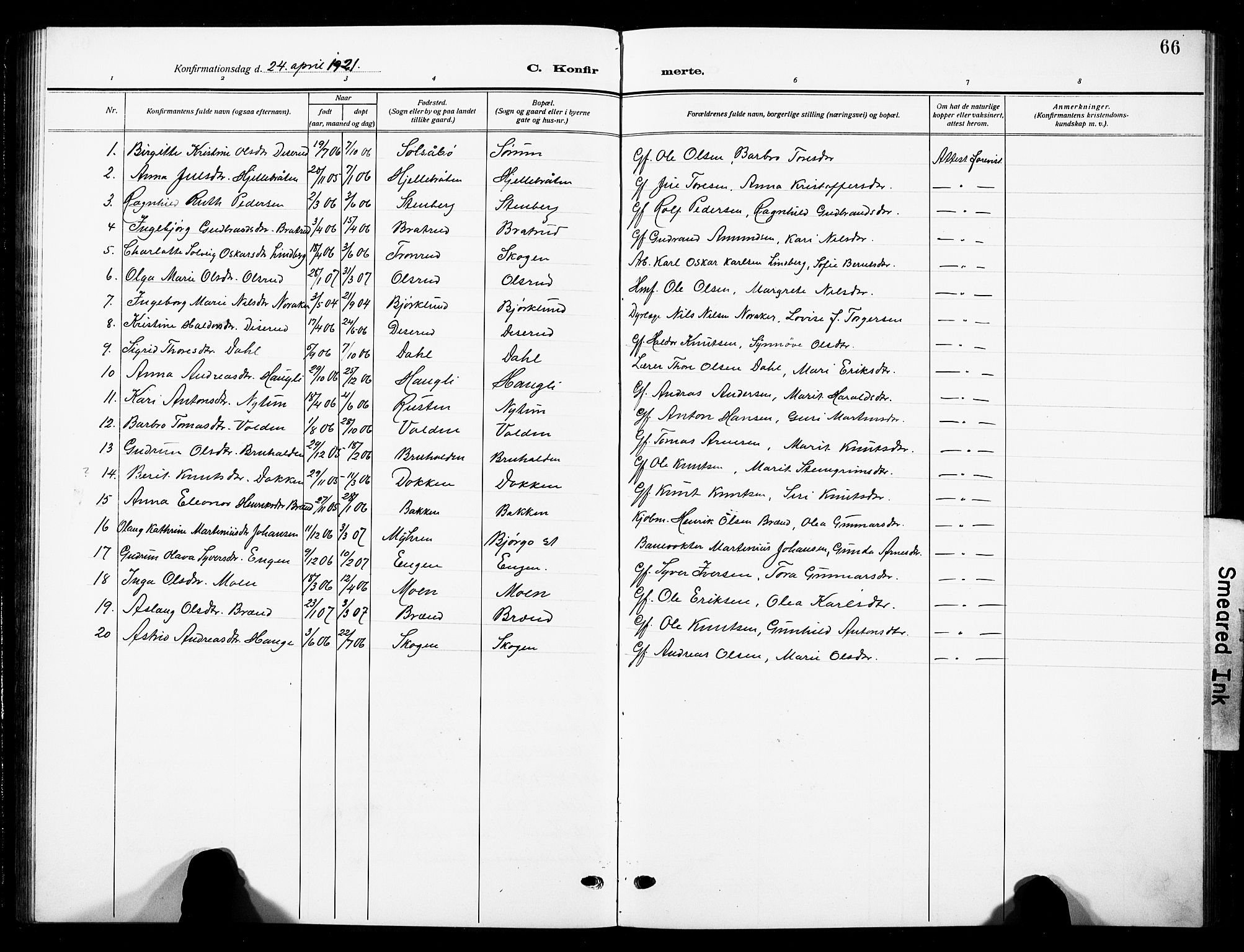 Nord-Aurdal prestekontor, AV/SAH-PREST-132/H/Ha/Hab/L0016: Parish register (copy) no. 16, 1920-1932, p. 66