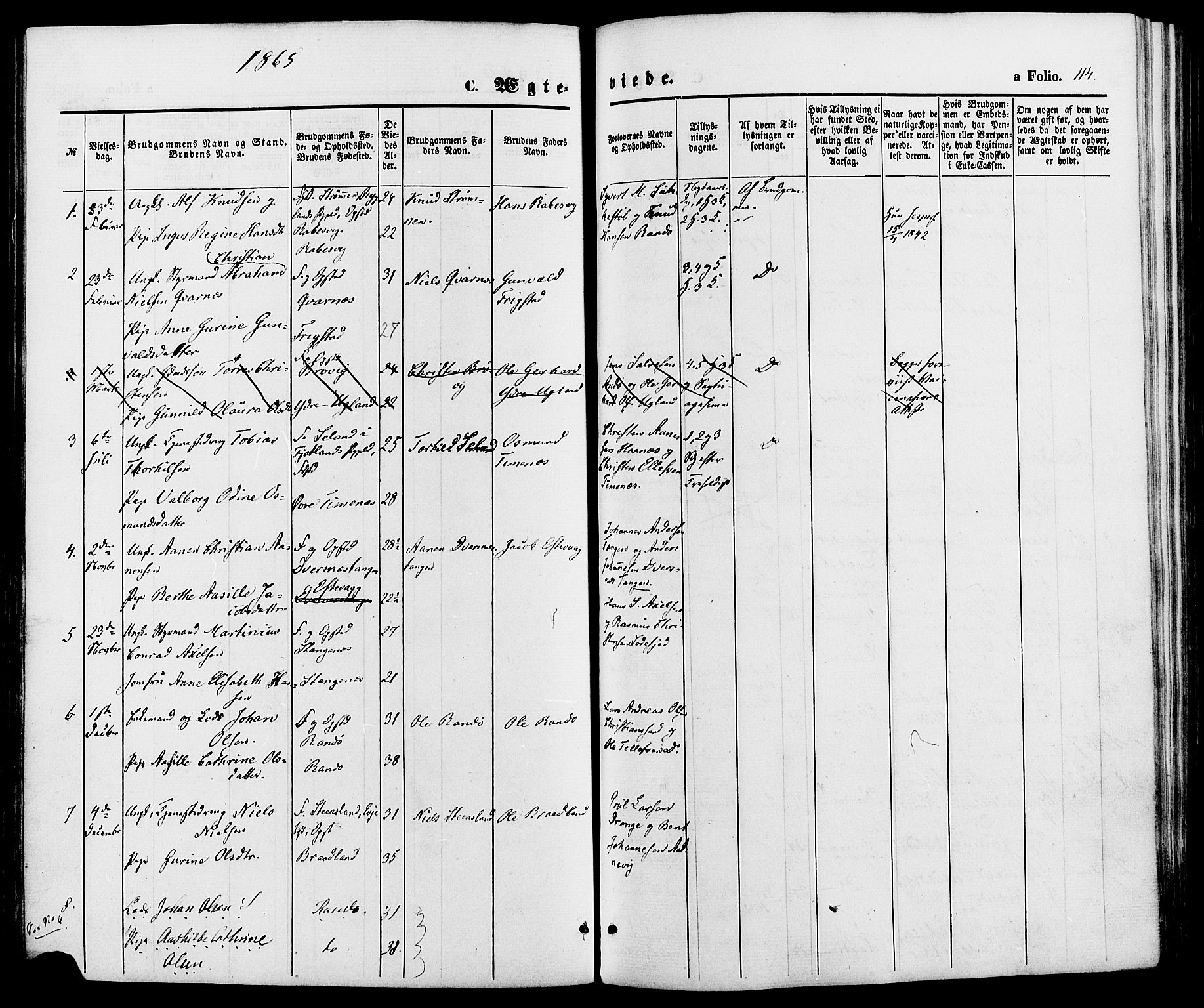 Oddernes sokneprestkontor, SAK/1111-0033/F/Fa/Fab/L0001: Parish register (official) no. A 1, 1865-1884, p. 114