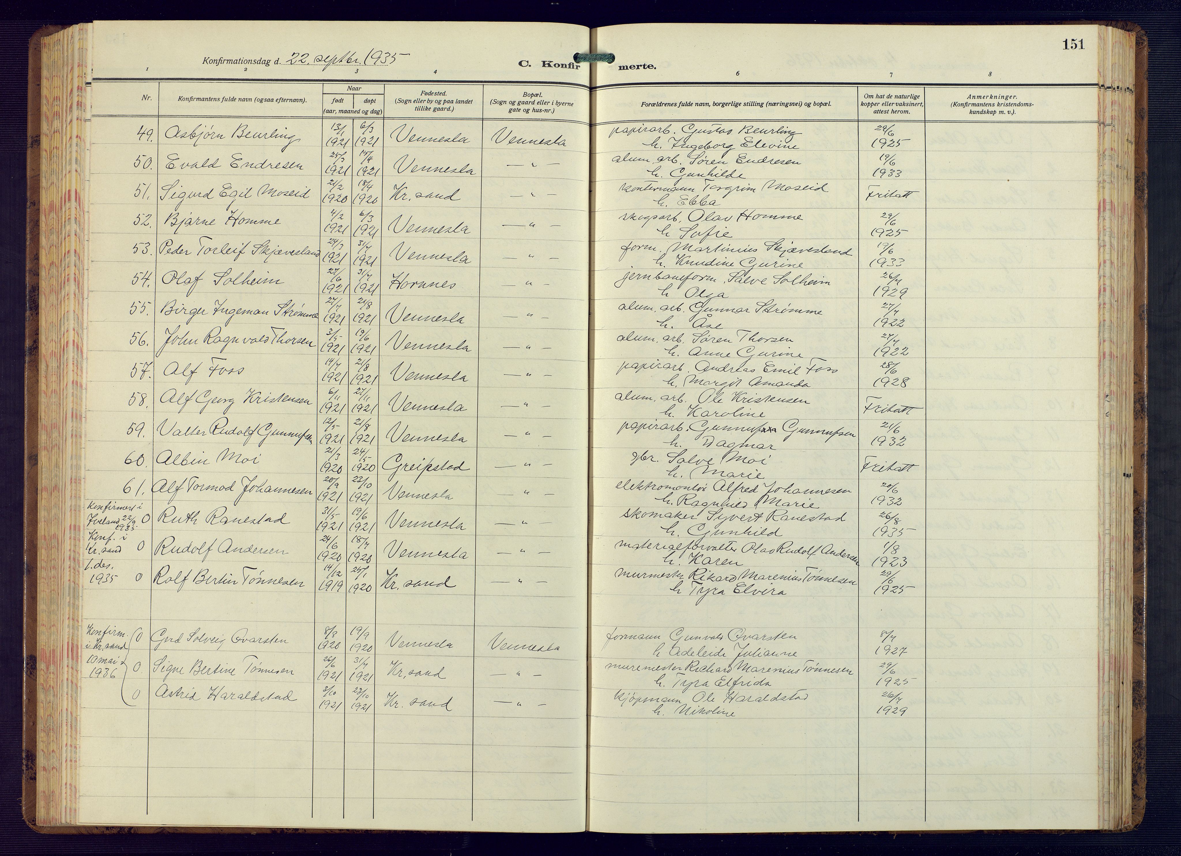 Vennesla sokneprestkontor, AV/SAK-1111-0045/Fb/Fbb/L0008: Parish register (copy) no. B 8, 1934-1947, p. 151
