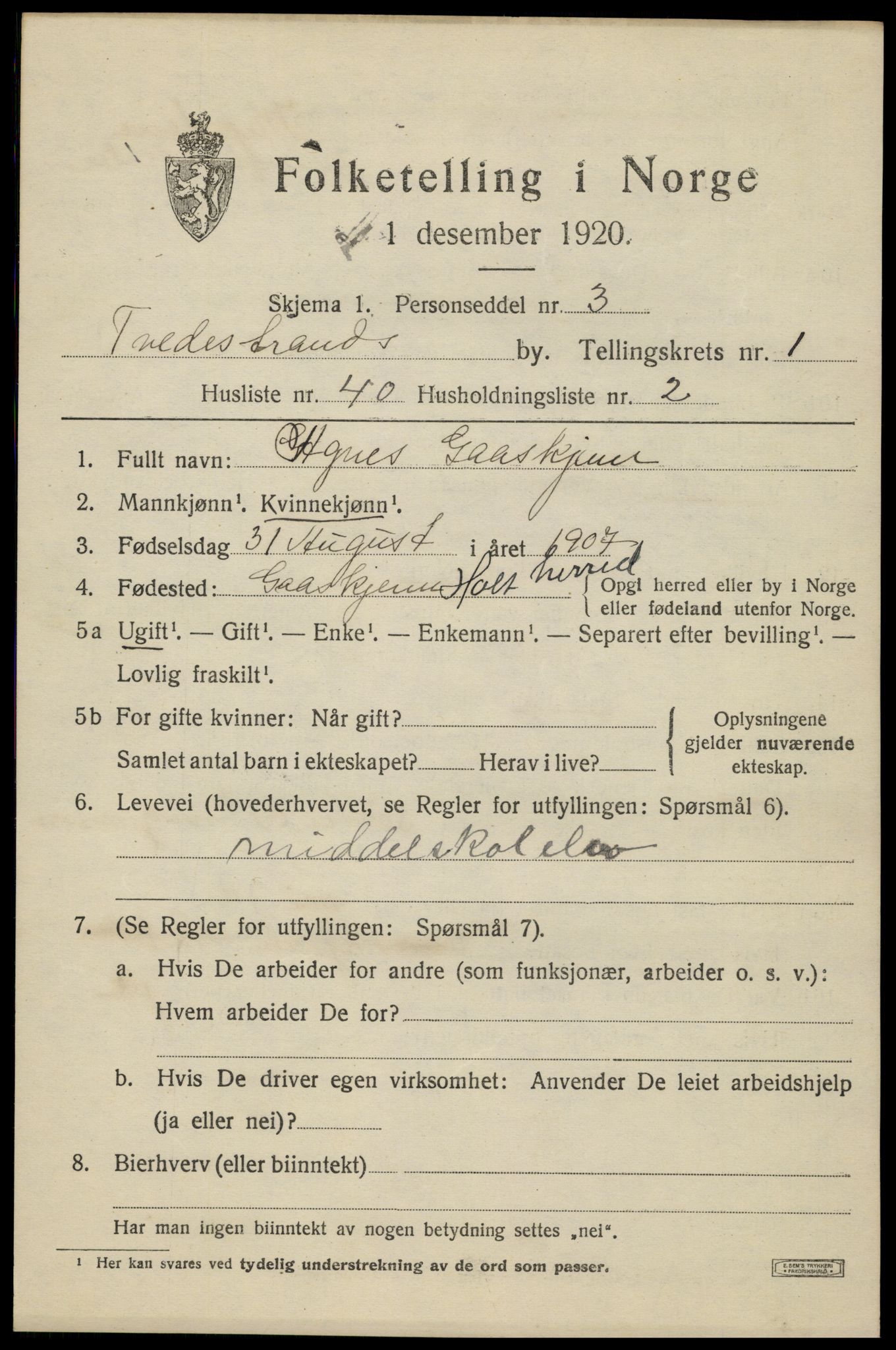 SAK, 1920 census for Tvedestrand, 1920, p. 1729