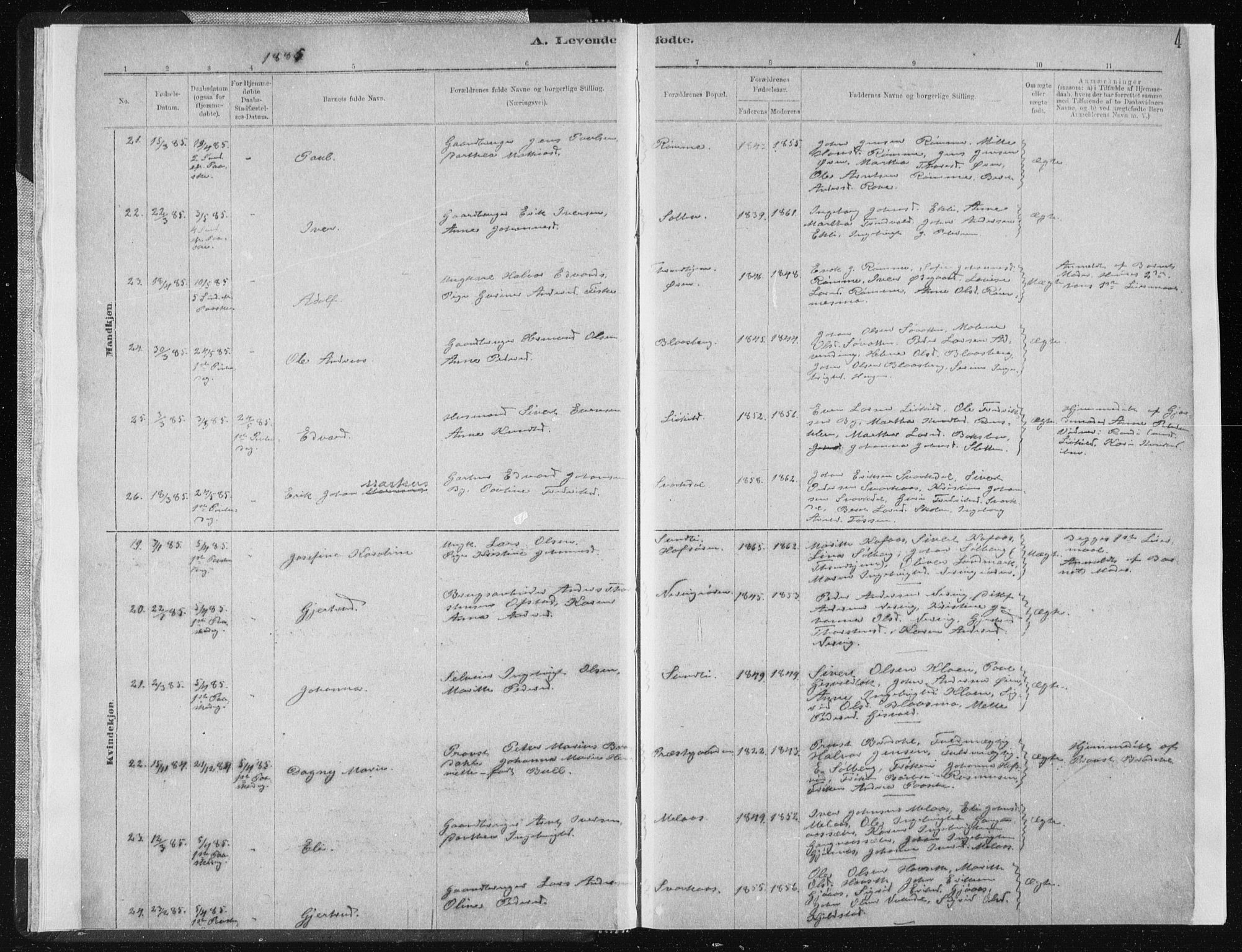 Ministerialprotokoller, klokkerbøker og fødselsregistre - Sør-Trøndelag, AV/SAT-A-1456/668/L0818: Parish register (copy) no. 668C07, 1885-1898, p. 4