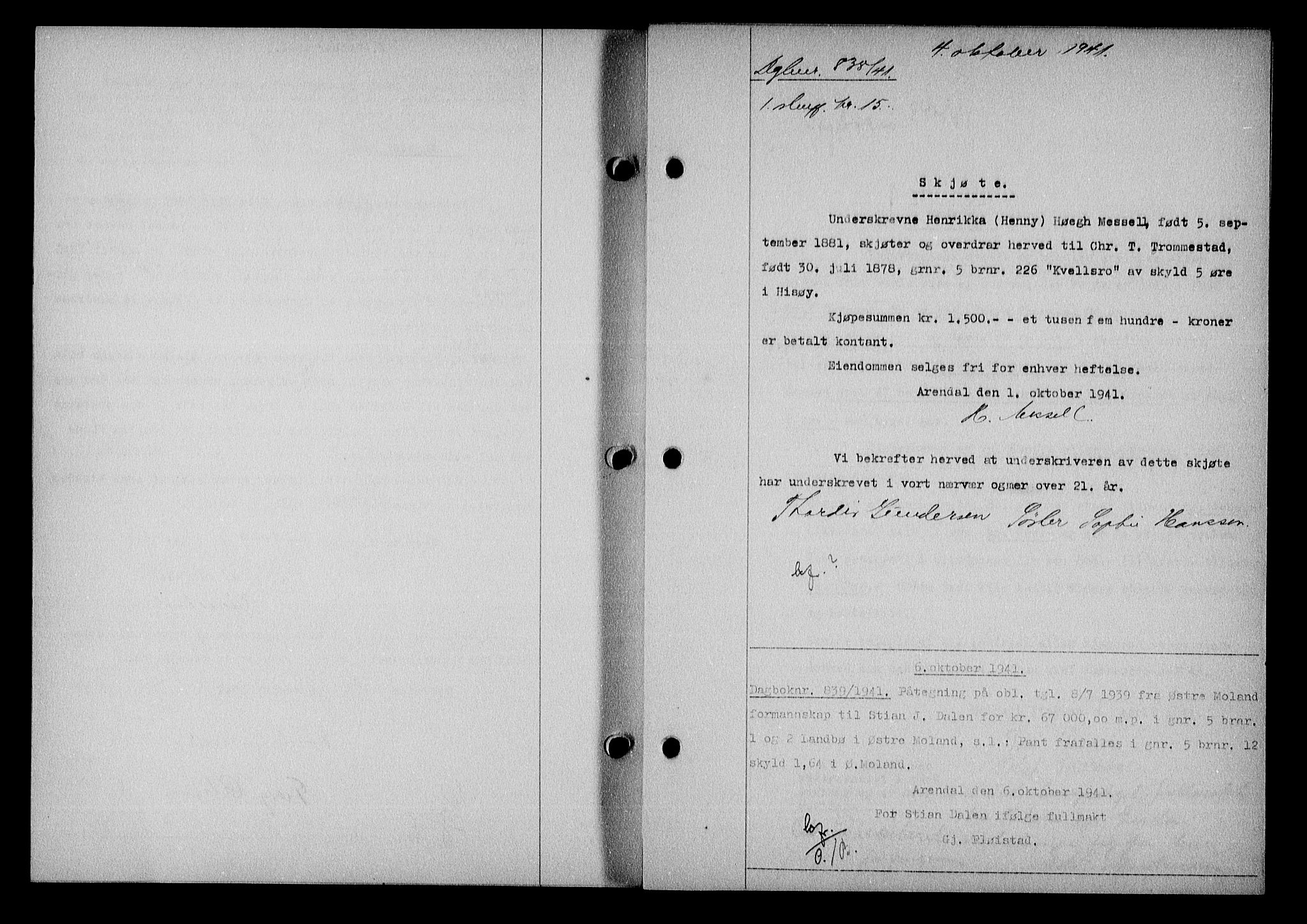 Nedenes sorenskriveri, AV/SAK-1221-0006/G/Gb/Gba/L0048: Mortgage book no. A-II, 1940-1941, Diary no: : 838/1941