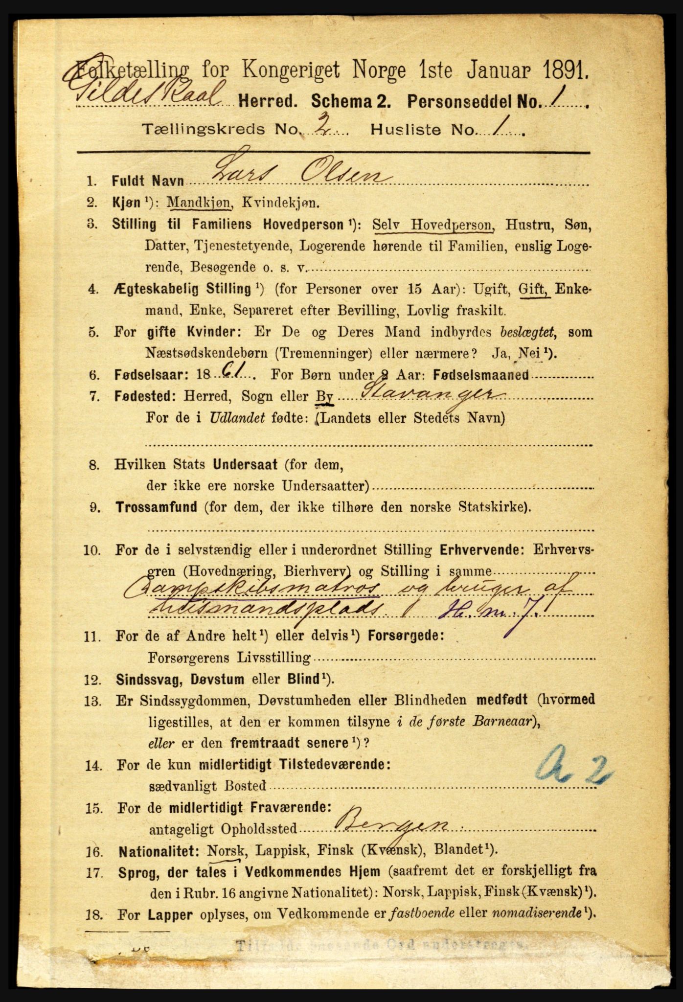 RA, 1891 census for 1838 Gildeskål, 1891, p. 518