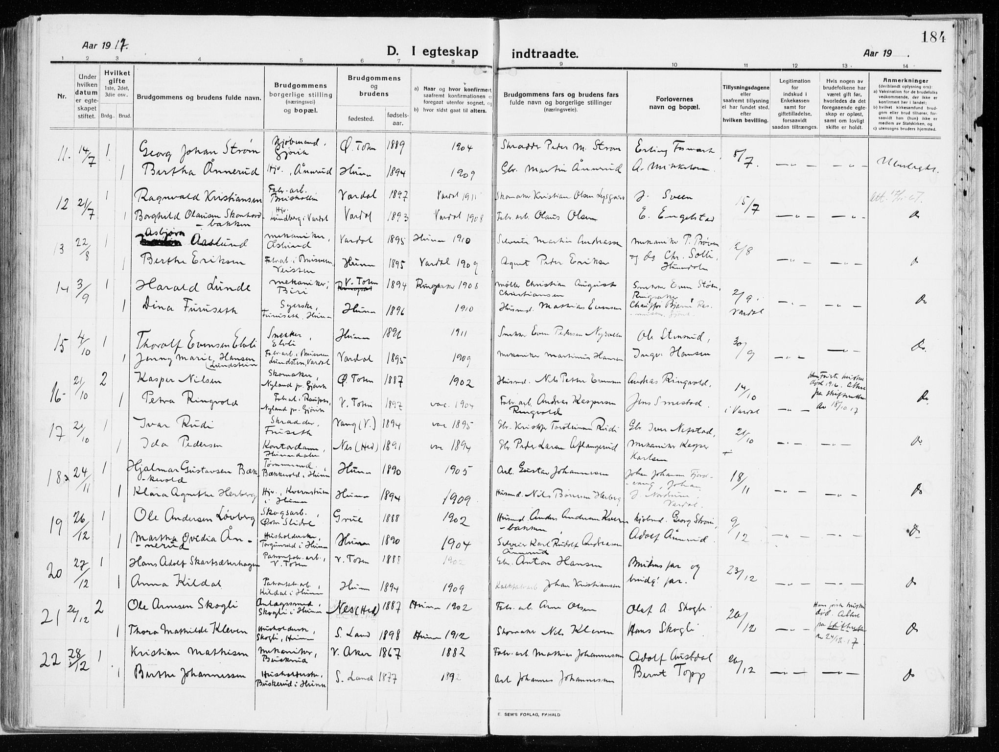 Vardal prestekontor, SAH/PREST-100/H/Ha/Haa/L0017: Parish register (official) no. 17, 1915-1929, p. 184
