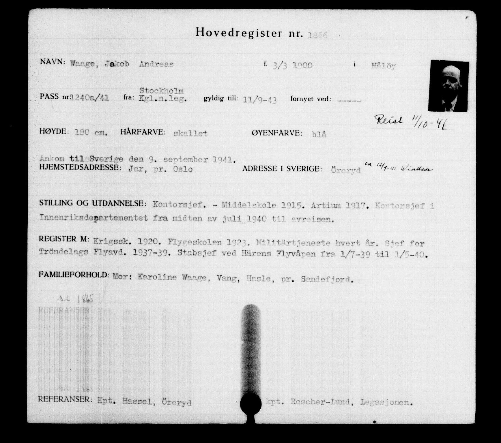 Utenriksstasjonene, Legasjonen i Stockholm, Flyktningkontoret, AV/RA-S-6753/V/Va/L0002: Kjesäterkartoteket, flyktninger med registreringsnr. 1001-2000, 1940-1945, p. 1233