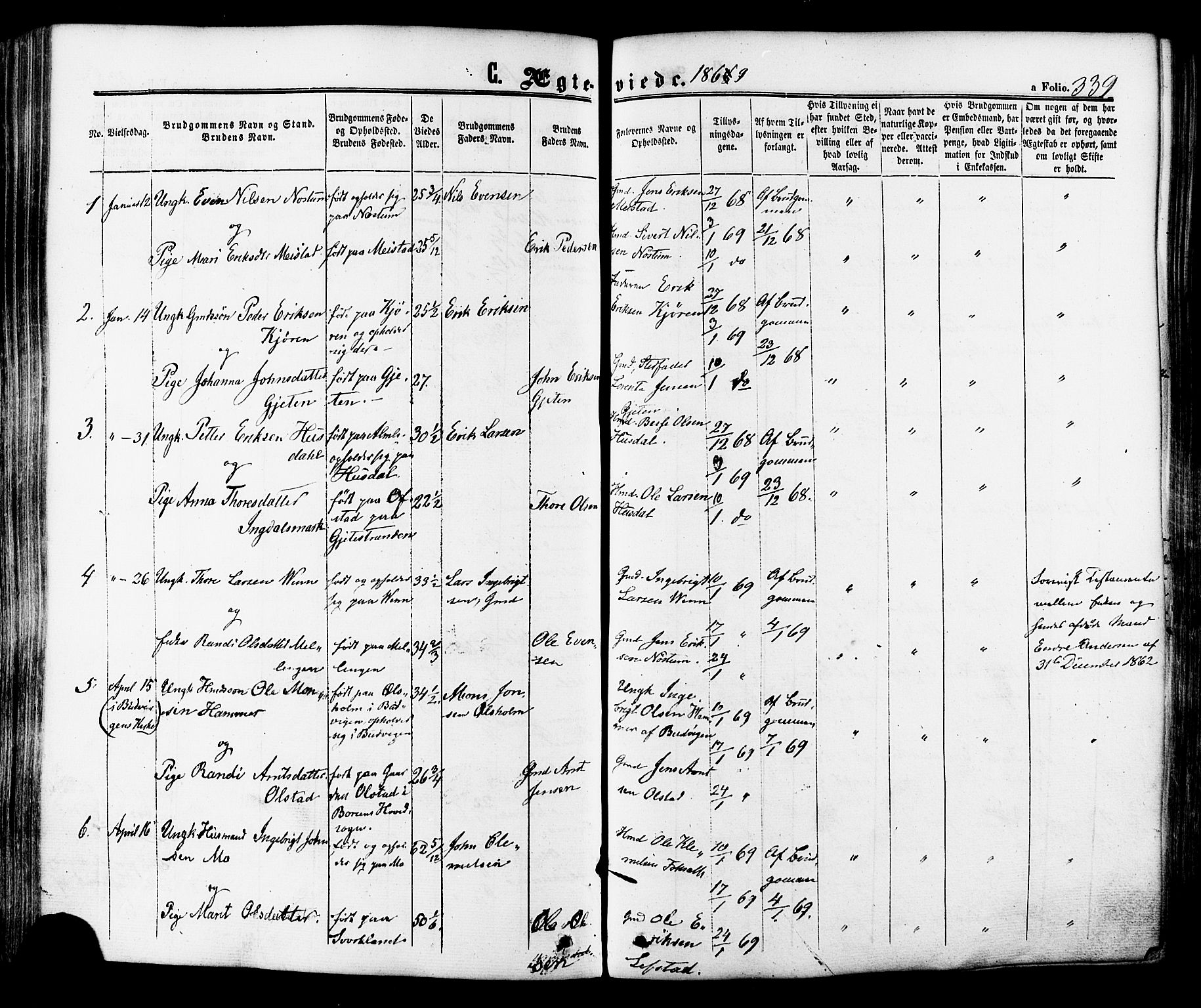 Ministerialprotokoller, klokkerbøker og fødselsregistre - Sør-Trøndelag, AV/SAT-A-1456/665/L0772: Parish register (official) no. 665A07, 1856-1878, p. 339