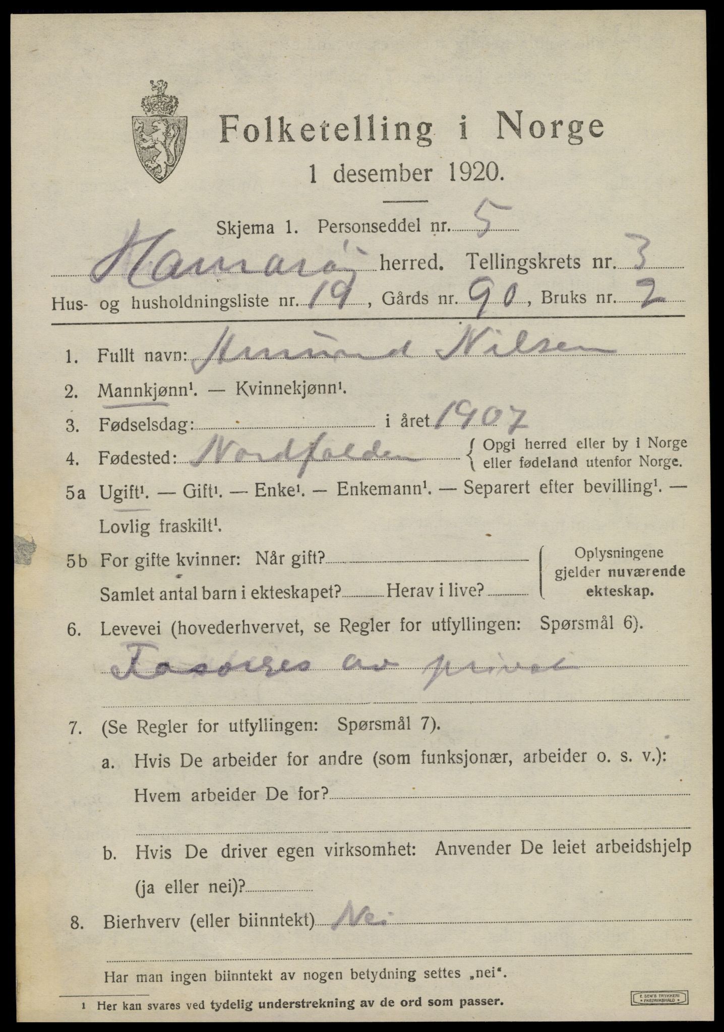 SAT, 1920 census for Hamarøy, 1920, p. 2316