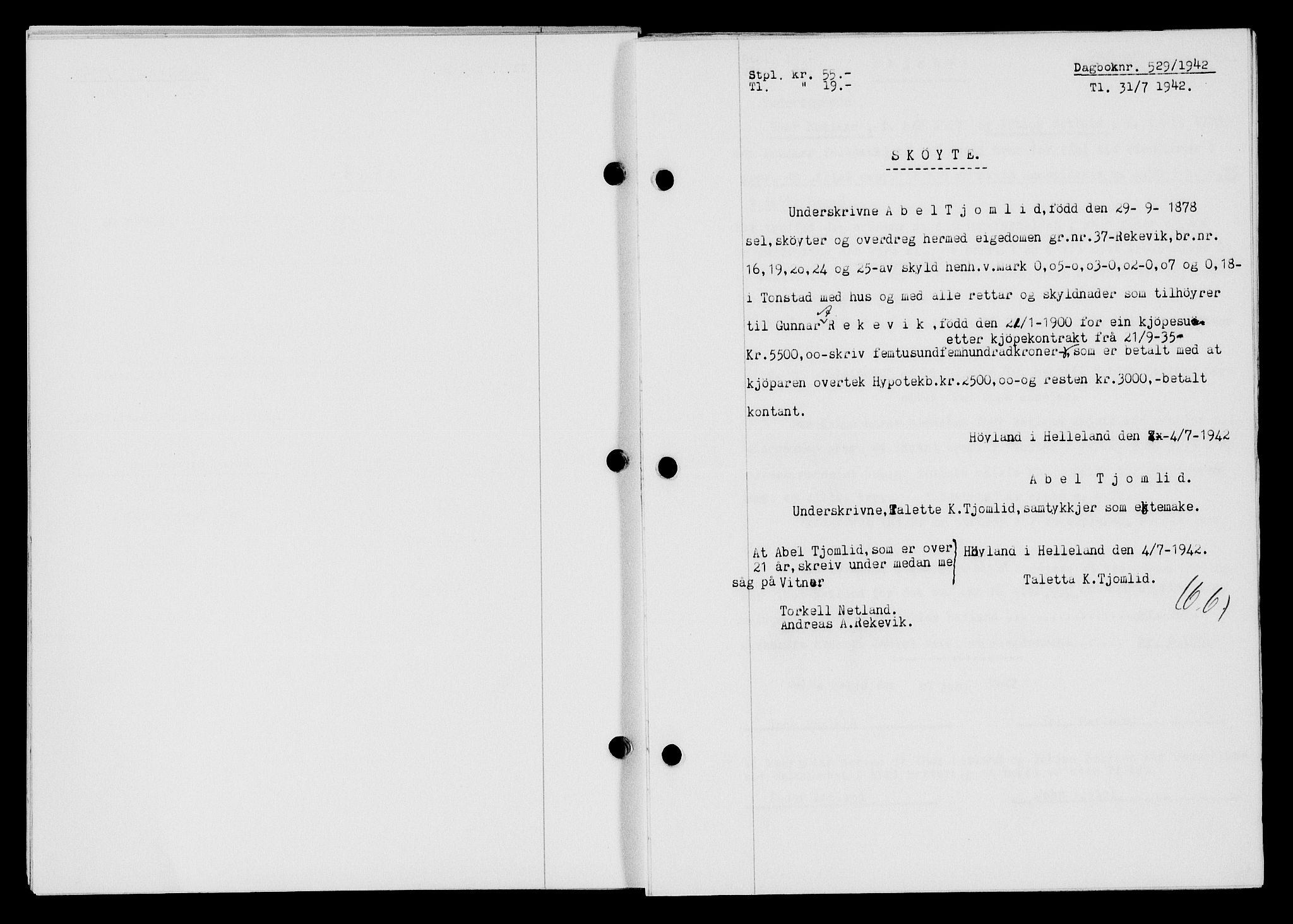 Flekkefjord sorenskriveri, SAK/1221-0001/G/Gb/Gba/L0057: Mortgage book no. A-5, 1941-1942, Diary no: : 529/1942