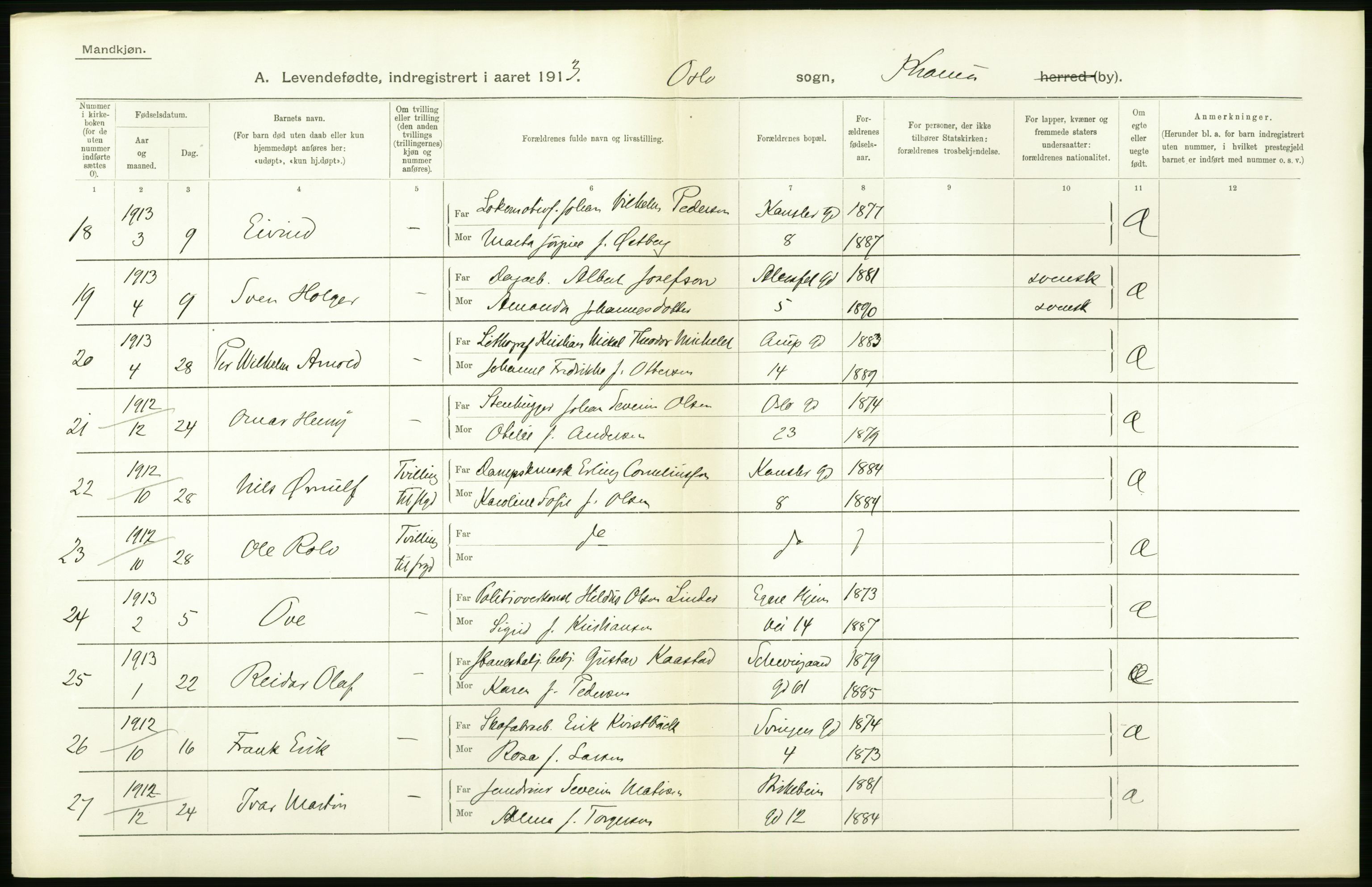 Statistisk sentralbyrå, Sosiodemografiske emner, Befolkning, AV/RA-S-2228/D/Df/Dfb/Dfbc/L0007: Kristiania: Levendefødte menn og kvinner., 1913, p. 808