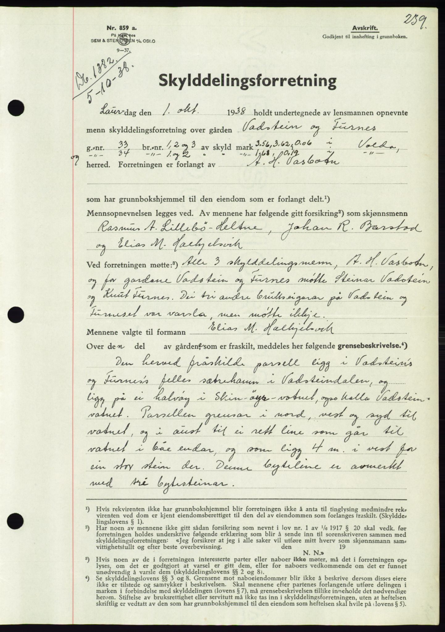 Søre Sunnmøre sorenskriveri, AV/SAT-A-4122/1/2/2C/L0066: Mortgage book no. 60, 1938-1938, Diary no: : 1382/1938