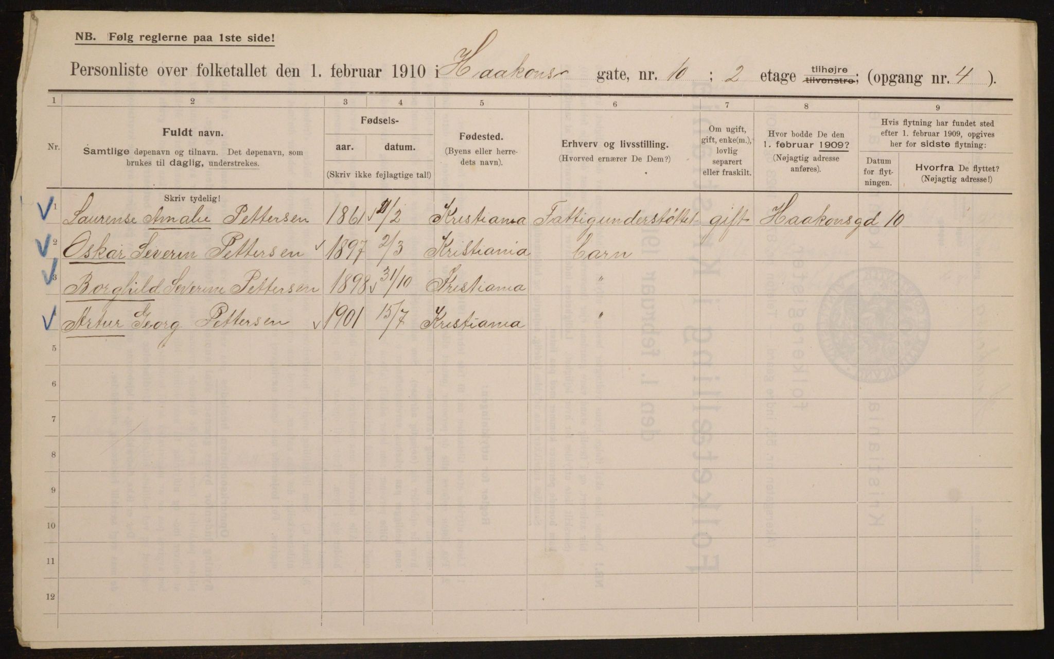 OBA, Municipal Census 1910 for Kristiania, 1910, p. 41829