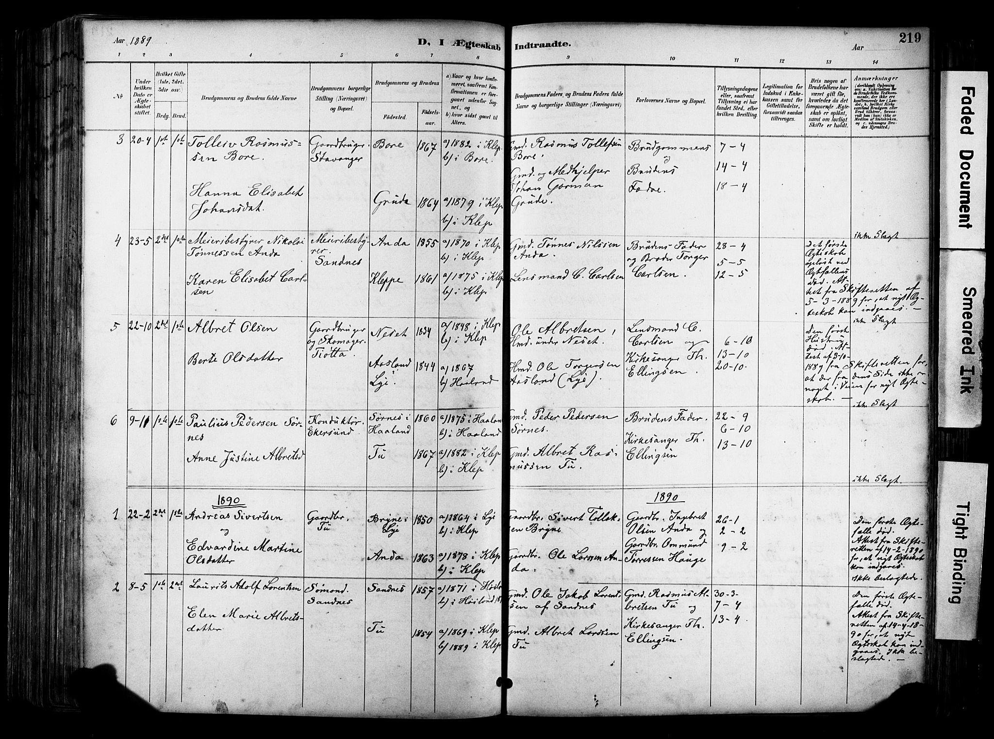 Klepp sokneprestkontor, SAST/A-101803/001/3/30BA/L0009: Parish register (official) no. A 7, 1886-1915, p. 219