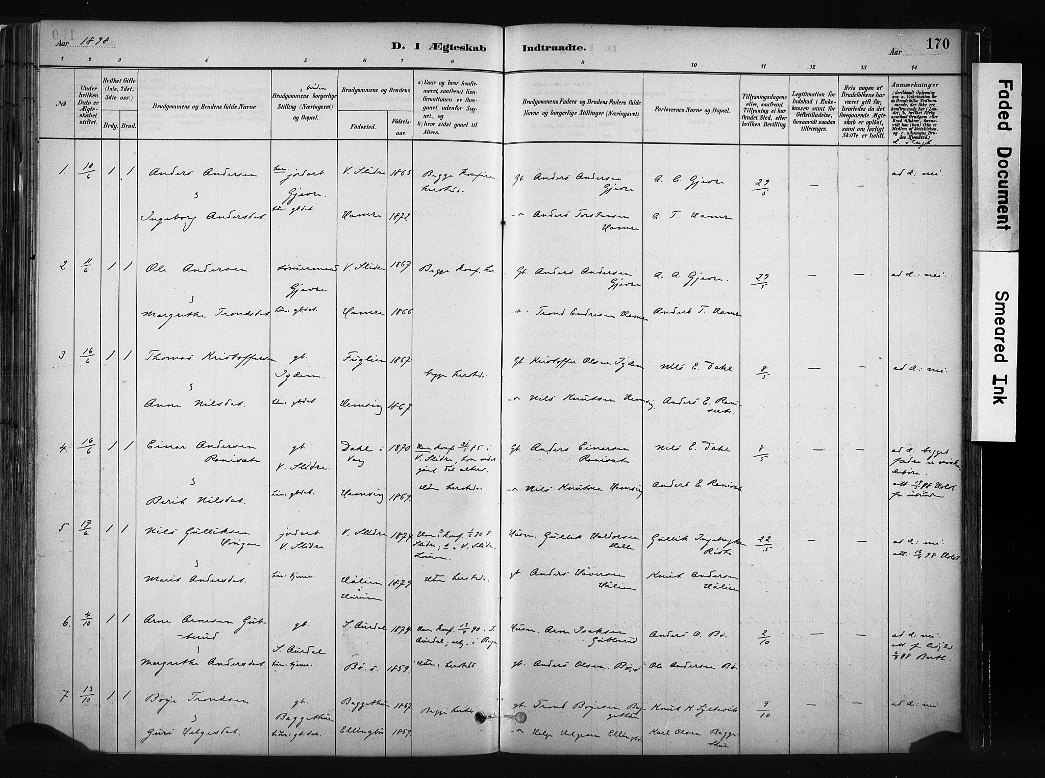 Vang prestekontor, Valdres, SAH/PREST-140/H/Ha/L0008: Parish register (official) no. 8, 1882-1910, p. 170