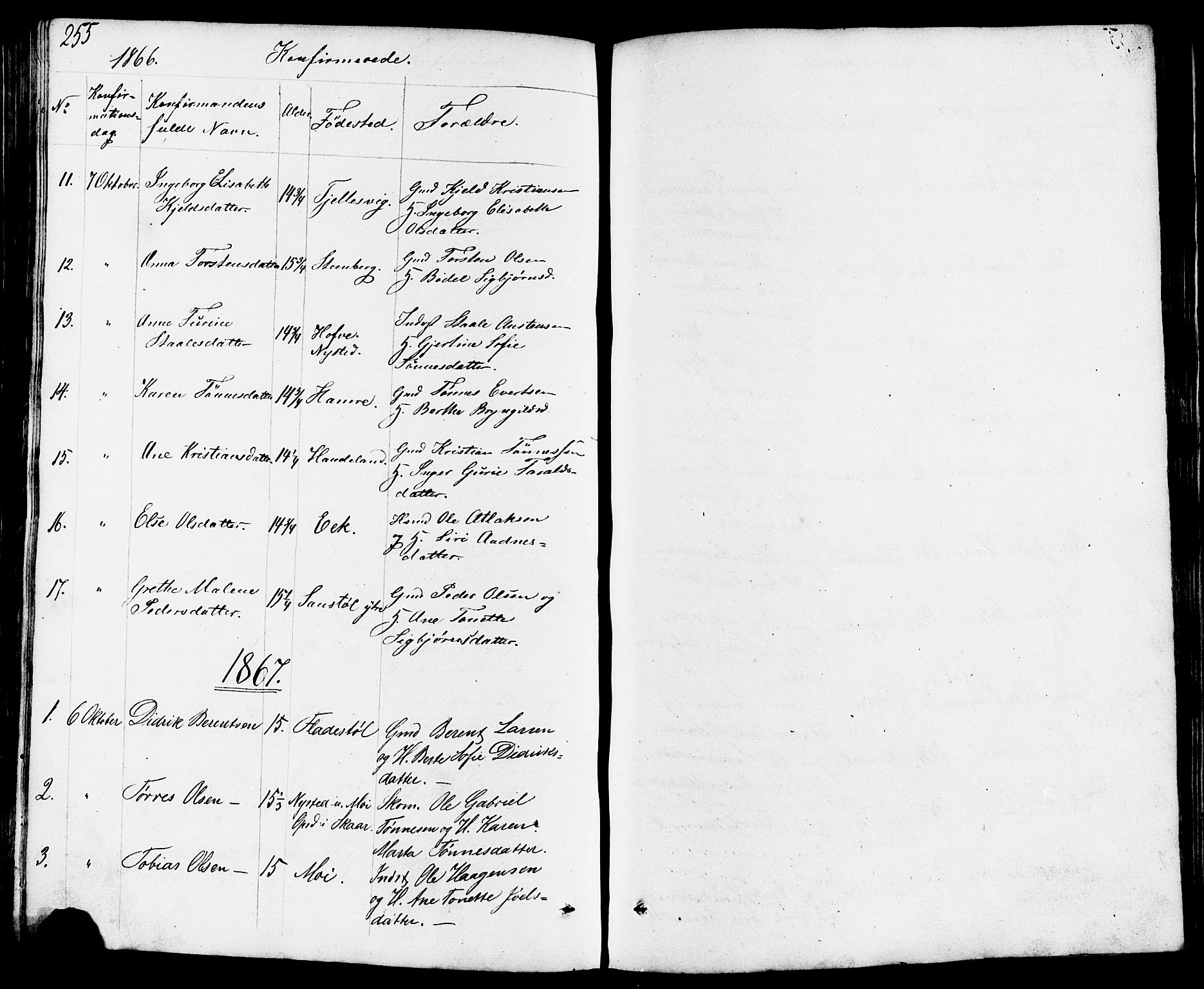 Lund sokneprestkontor, AV/SAST-A-101809/S07/L0003: Parish register (copy) no. B 3, 1848-1885, p. 255