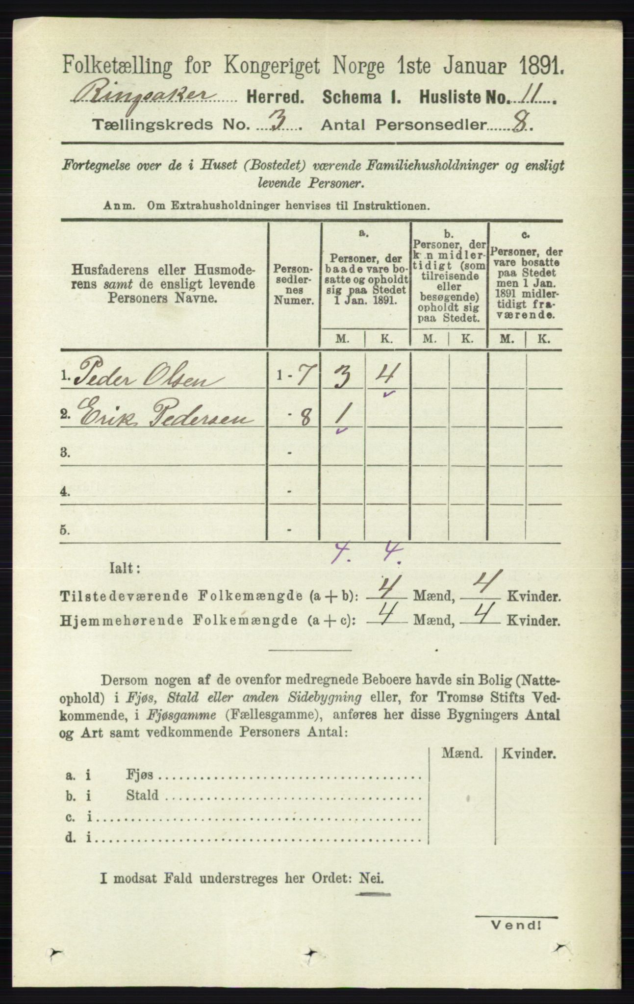 RA, 1891 census for 0412 Ringsaker, 1891, p. 1172