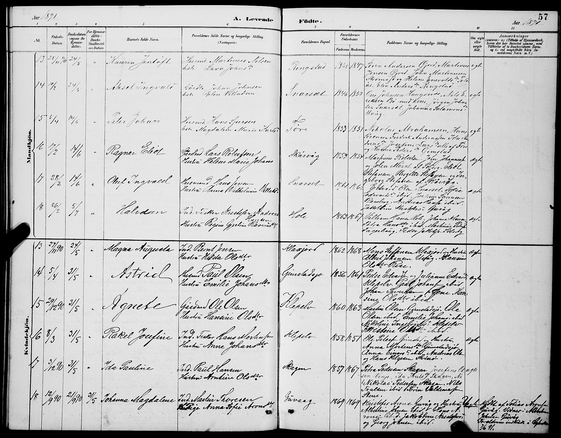 Ministerialprotokoller, klokkerbøker og fødselsregistre - Nordland, AV/SAT-A-1459/891/L1315: Parish register (copy) no. 891C04, 1886-1893, p. 57