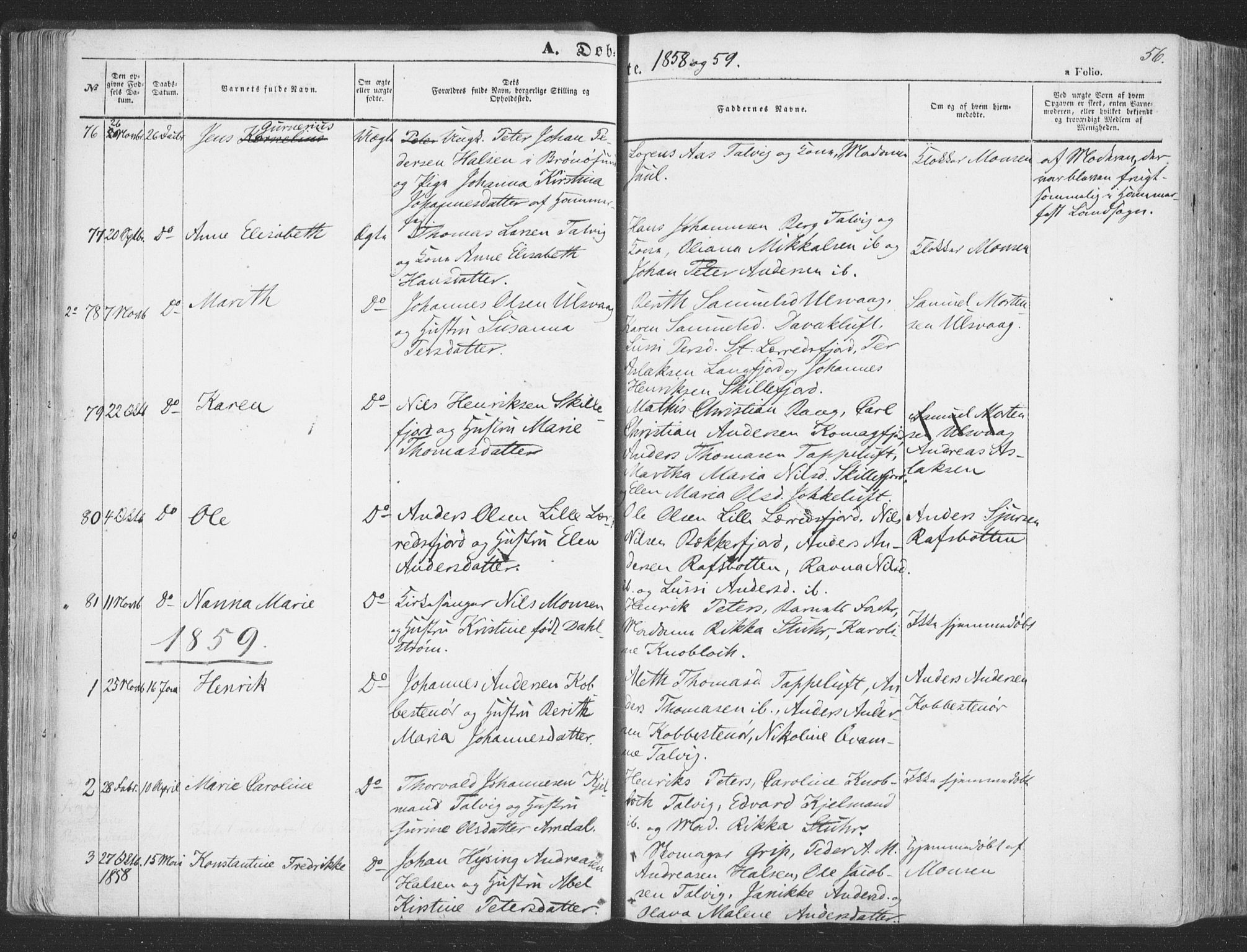 Talvik sokneprestkontor, SATØ/S-1337/H/Ha/L0010kirke: Parish register (official) no. 10, 1852-1864, p. 56