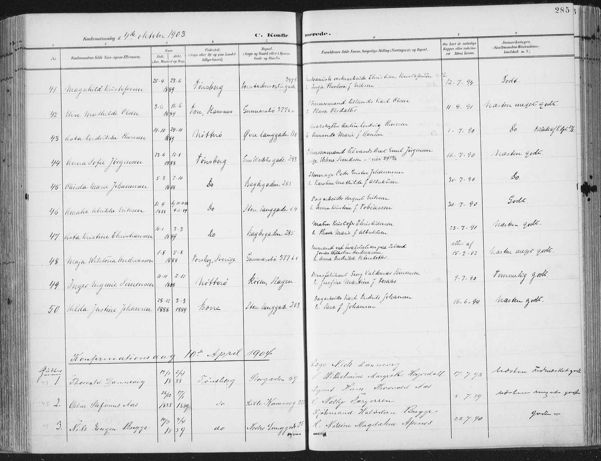 Tønsberg kirkebøker, SAKO/A-330/F/Fa/L0014: Parish register (official) no. I 14, 1900-1913, p. 285