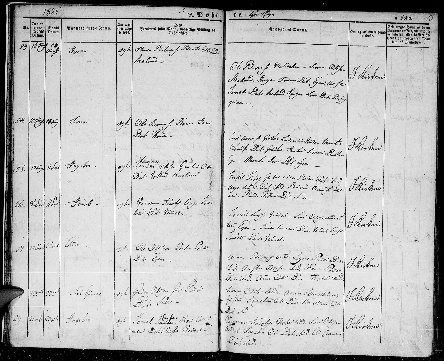 Hægebostad sokneprestkontor, SAK/1111-0024/F/Fa/Fab/L0001: Parish register (official) no. A 1, 1823-1867, p. 13