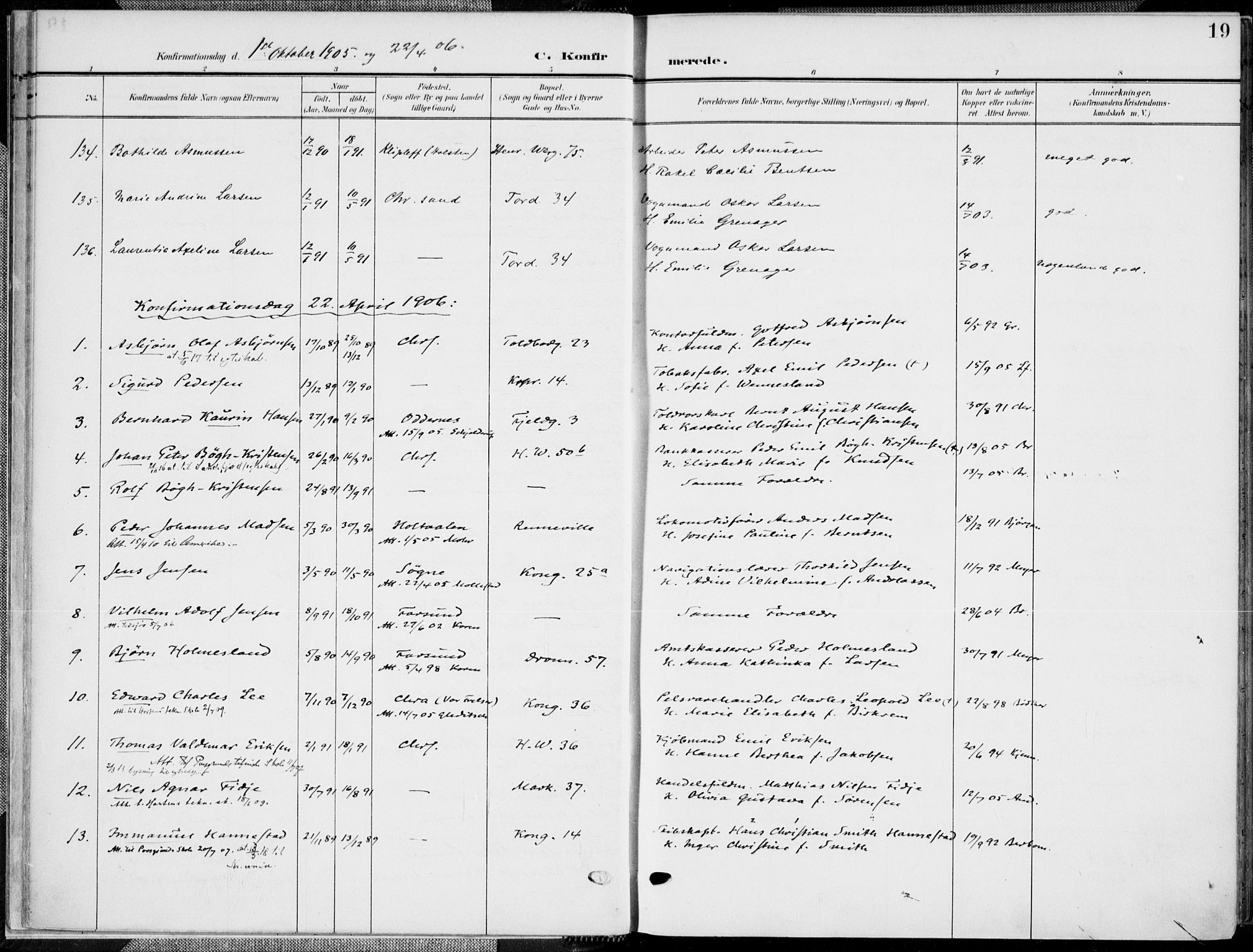 Kristiansand domprosti, SAK/1112-0006/F/Fa/L0022: Parish register (official) no. A 21, 1905-1916, p. 19