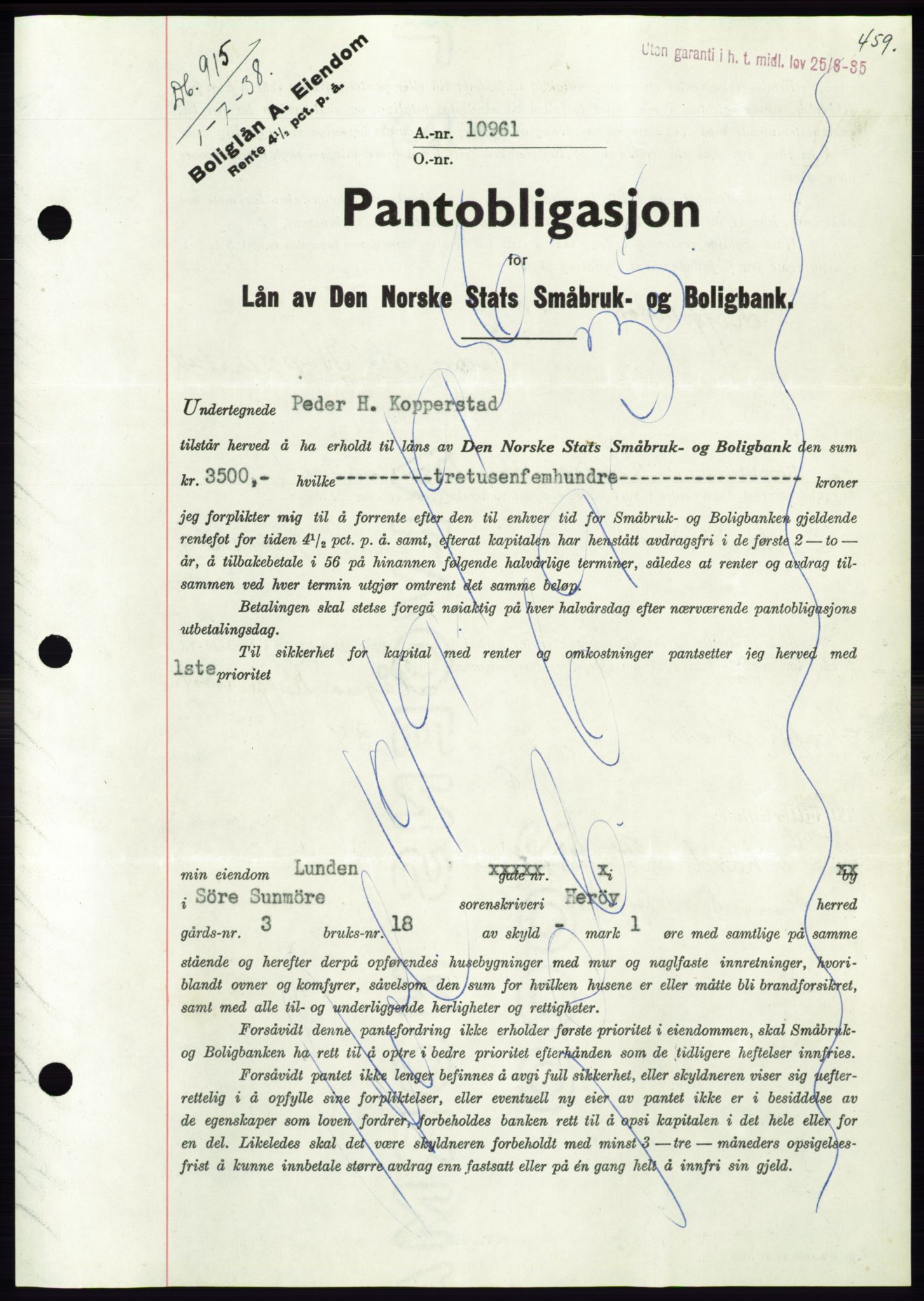 Søre Sunnmøre sorenskriveri, AV/SAT-A-4122/1/2/2C/L0065: Mortgage book no. 59, 1938-1938, Diary no: : 915/1938