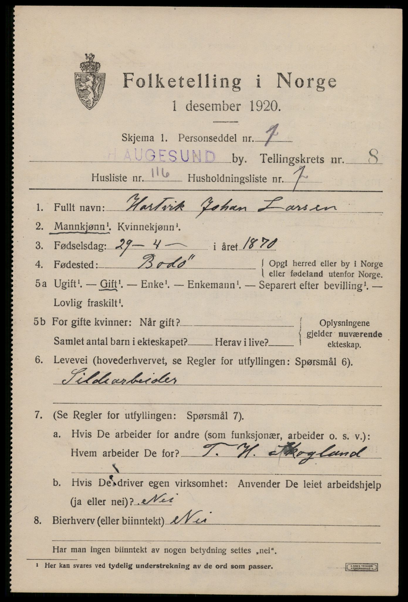 SAST, 1920 census for Haugesund, 1920, p. 29659