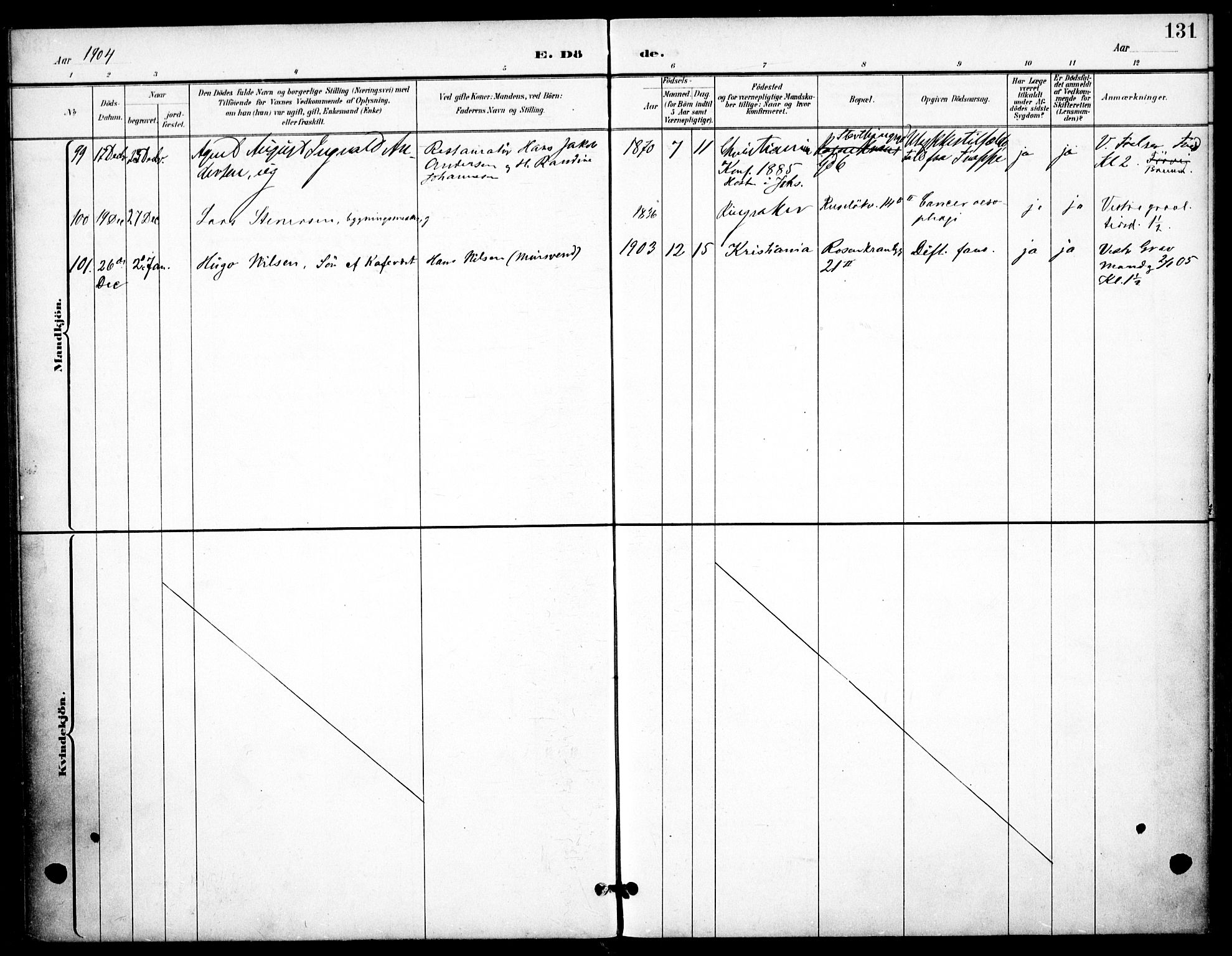 Johannes prestekontor Kirkebøker, AV/SAO-A-10852/F/Fa/L0008: Parish register (official) no. 8, 1897-1917, p. 131