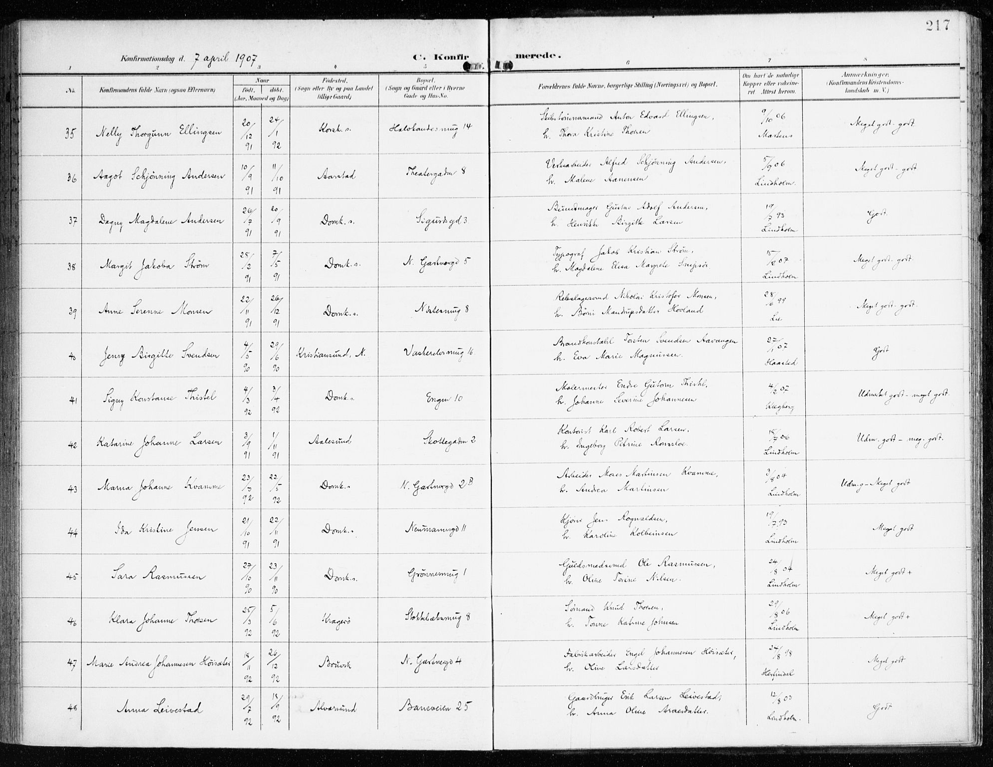 Domkirken sokneprestembete, AV/SAB-A-74801/H/Haa/L0031: Parish register (official) no. C 6, 1898-1915, p. 217