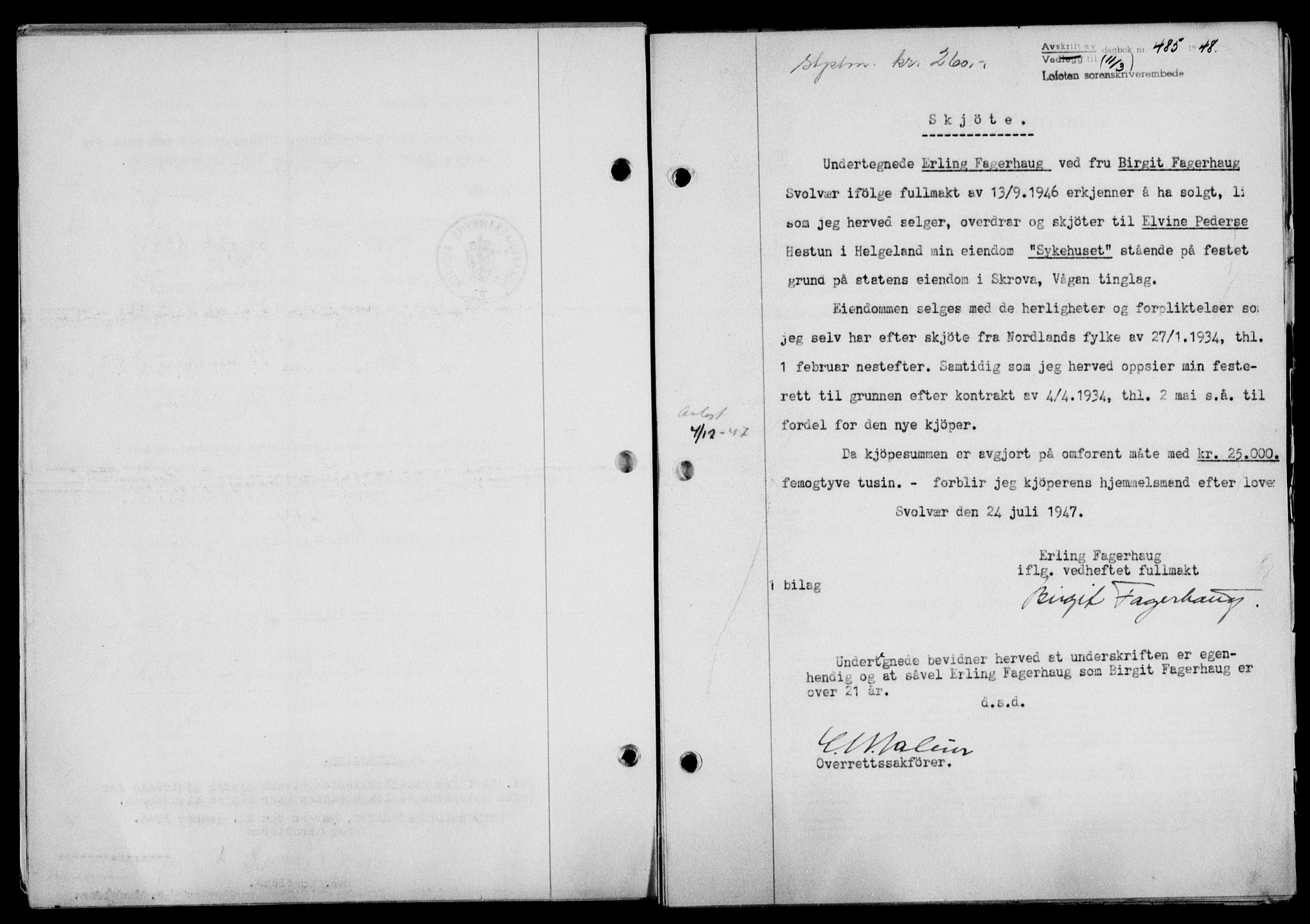 Lofoten sorenskriveri, SAT/A-0017/1/2/2C/L0018a: Mortgage book no. 18a, 1948-1948, Diary no: : 485/1948