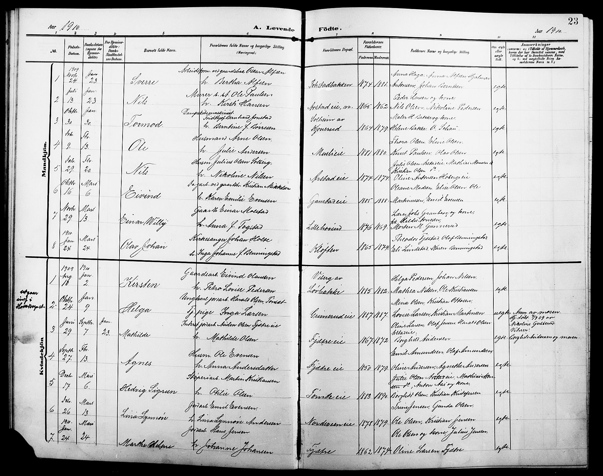 Stange prestekontor, SAH/PREST-002/L/L0013: Parish register (copy) no. 13, 1906-1915, p. 23