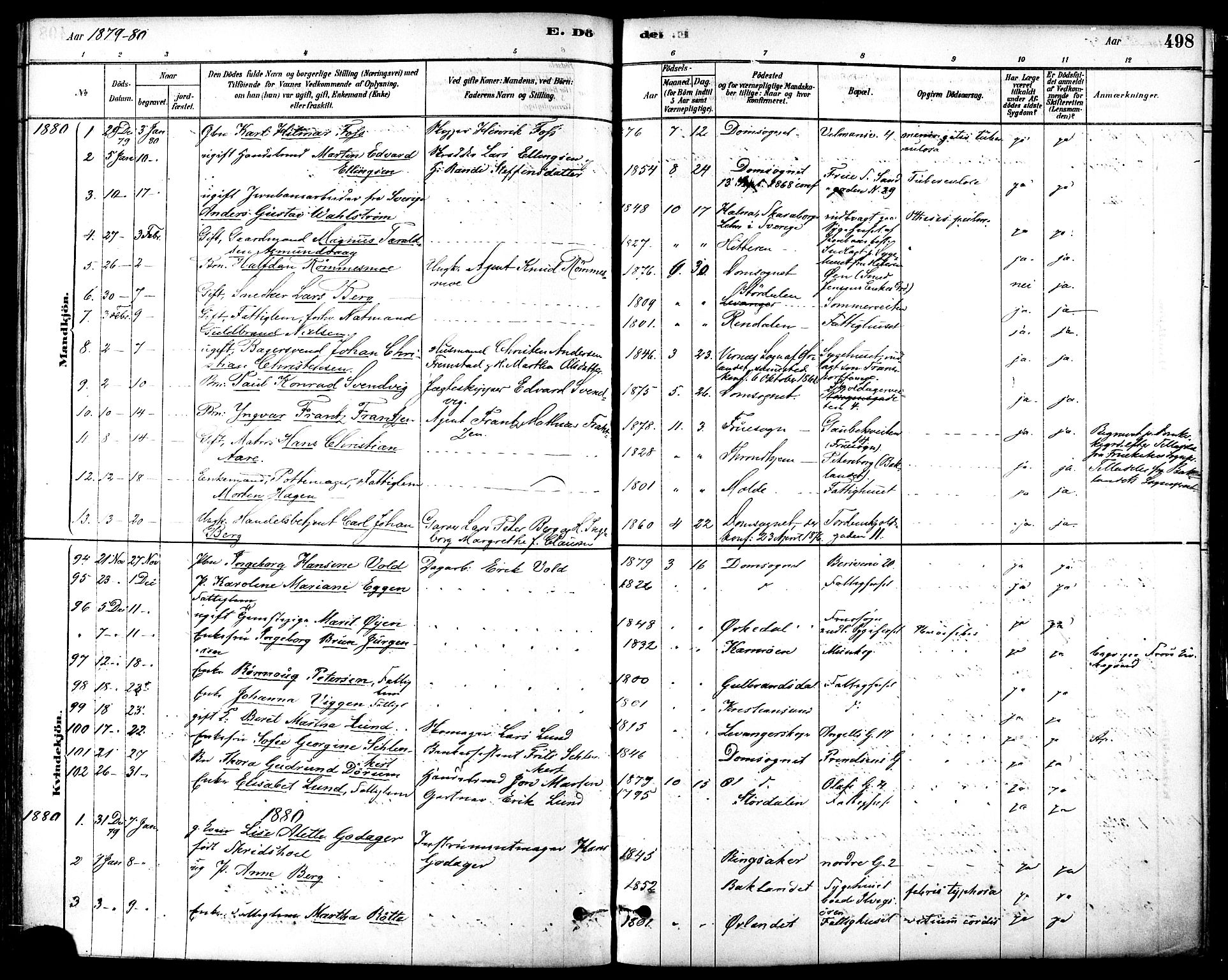 Ministerialprotokoller, klokkerbøker og fødselsregistre - Sør-Trøndelag, SAT/A-1456/601/L0058: Parish register (official) no. 601A26, 1877-1891, p. 498