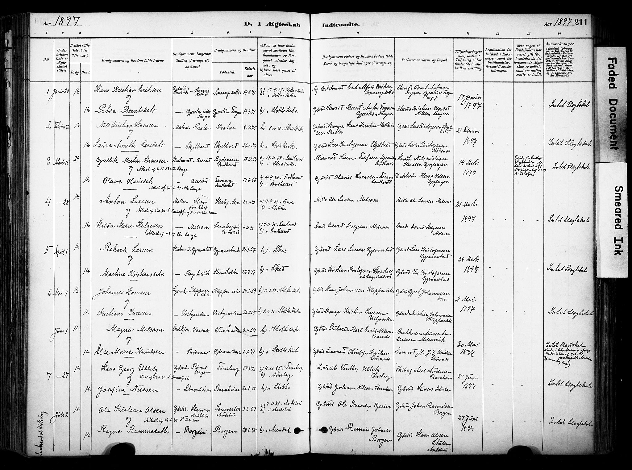 Stokke kirkebøker, AV/SAKO-A-320/F/Fa/L0010: Parish register (official) no. I 10, 1884-1903, p. 211