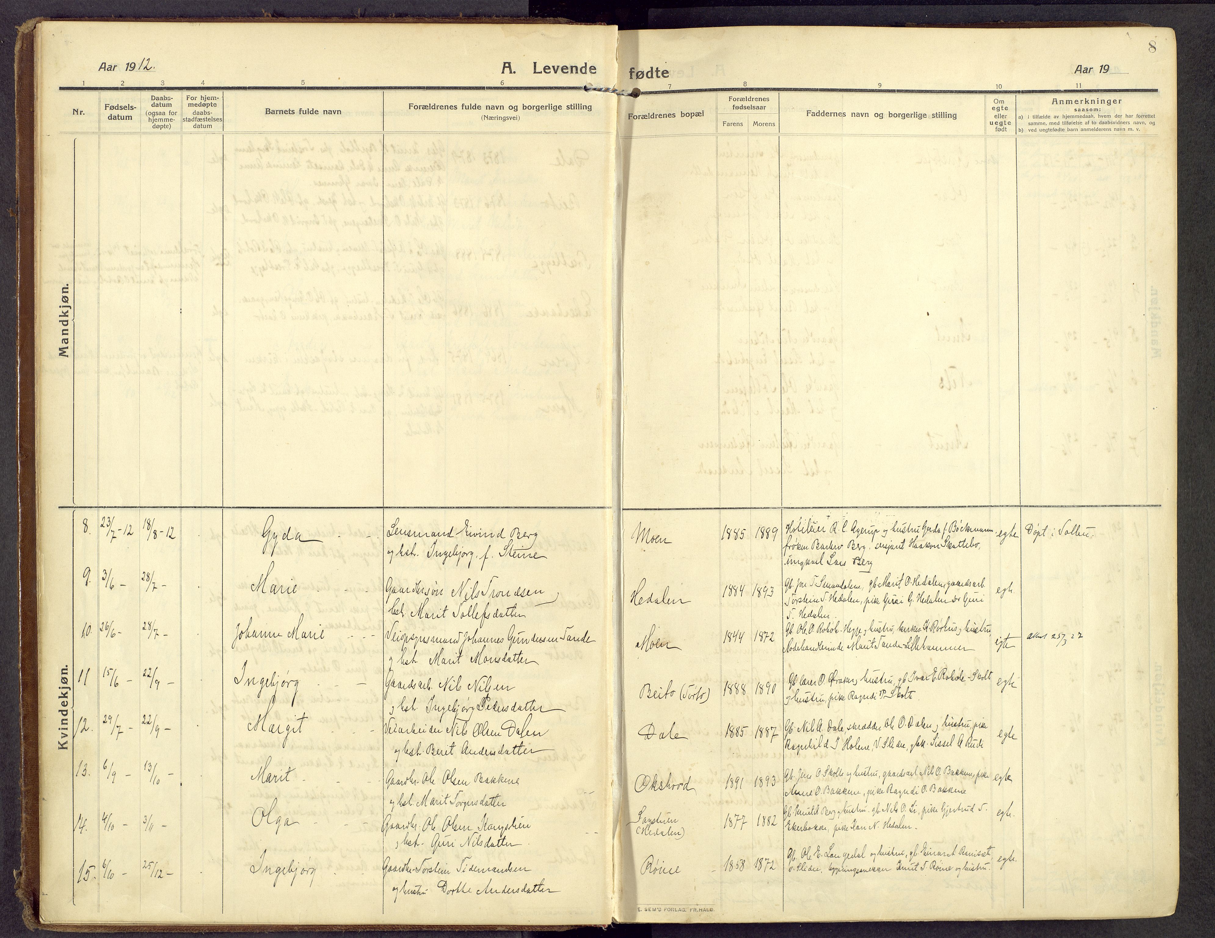 Øystre Slidre prestekontor, AV/SAH-PREST-138/H/Ha/Haa/L0007: Parish register (official) no. 7, 1911-1931, p. 8