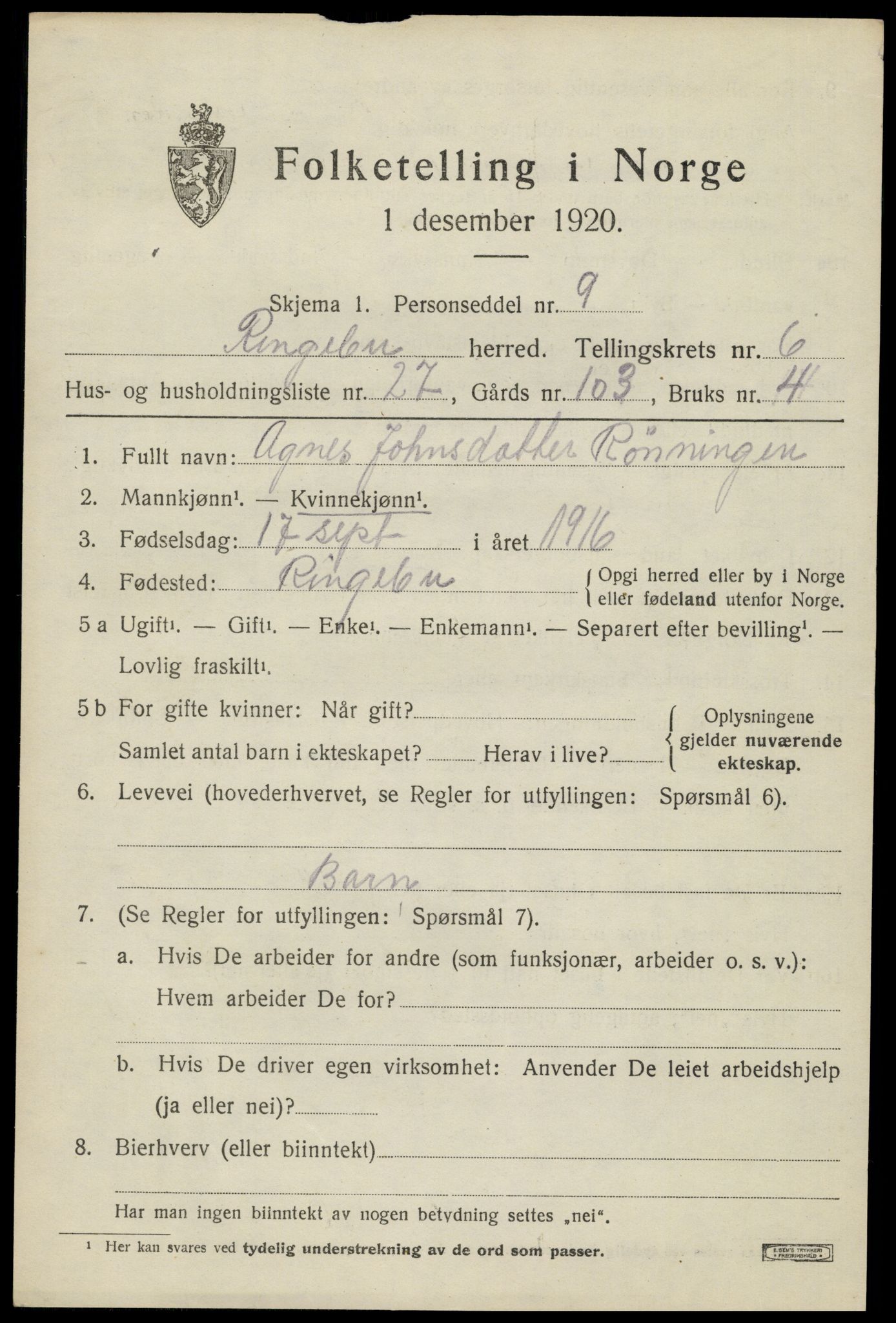 SAH, 1920 census for Ringebu, 1920, p. 7371