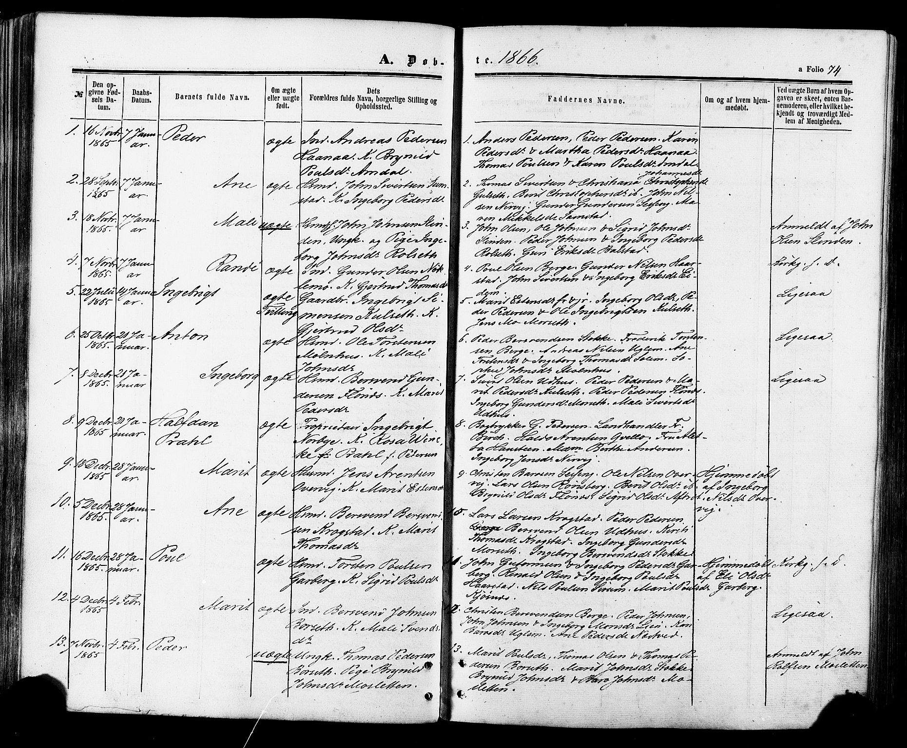 Ministerialprotokoller, klokkerbøker og fødselsregistre - Sør-Trøndelag, SAT/A-1456/695/L1147: Parish register (official) no. 695A07, 1860-1877, p. 74