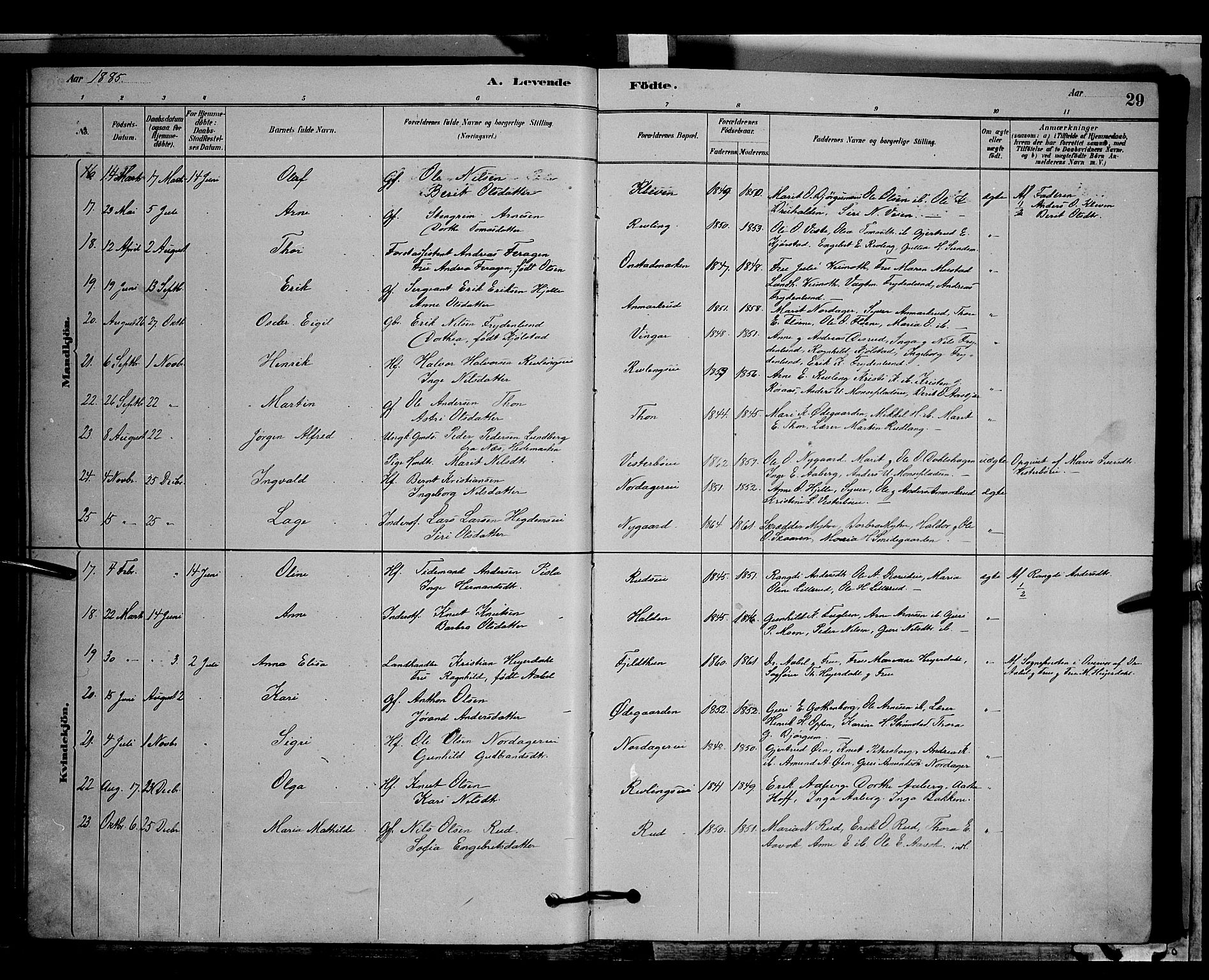 Nord-Aurdal prestekontor, AV/SAH-PREST-132/H/Ha/Hab/L0006: Parish register (copy) no. 6, 1878-1892, p. 29