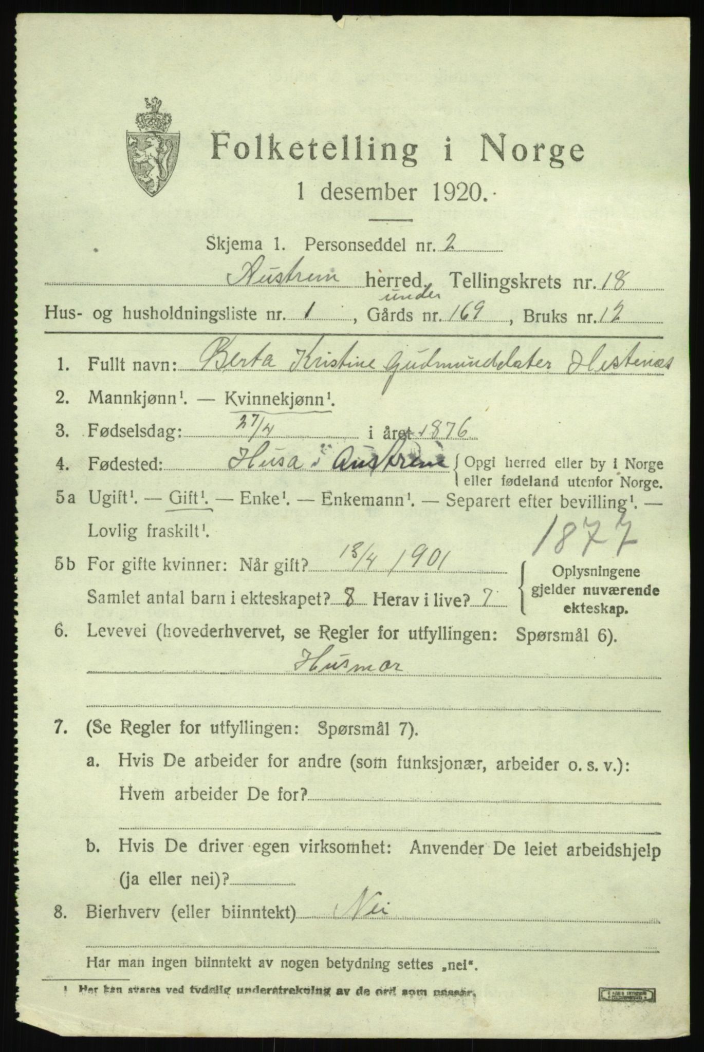 SAB, 1920 census for Austrheim, 1920, p. 5972