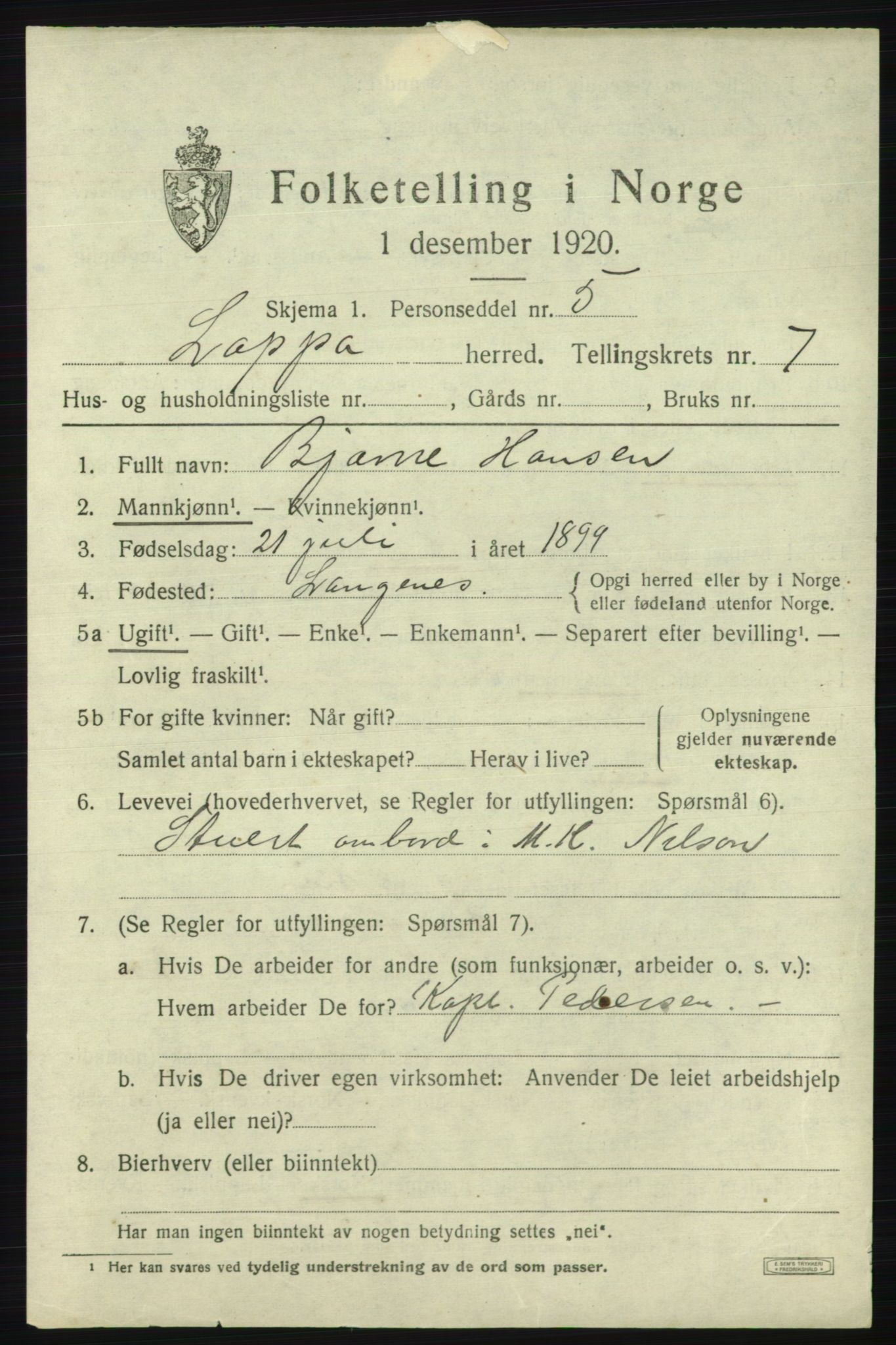 SATØ, 1920 census for Loppa, 1920, p. 3686