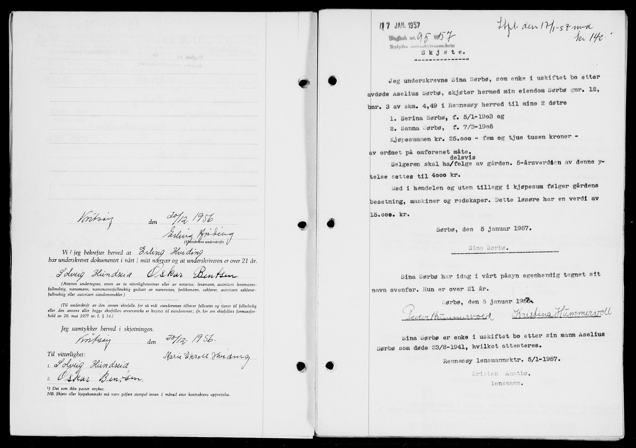 Ryfylke tingrett, AV/SAST-A-100055/001/II/IIB/L0135: Mortgage book no. 114, 1956-1957, Diary no: : 95/1957