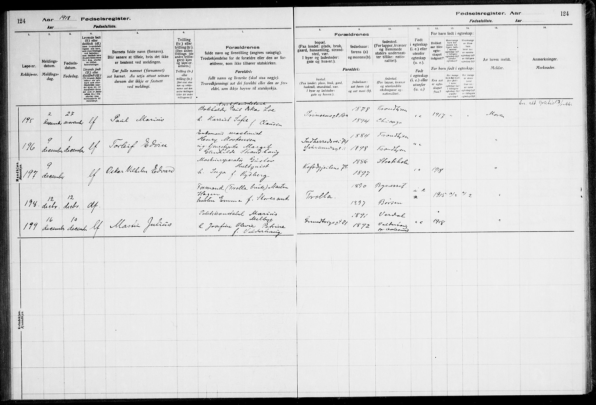 Ministerialprotokoller, klokkerbøker og fødselsregistre - Sør-Trøndelag, AV/SAT-A-1456/600/L0002: Birth register no. 600.II.4.1, 1916-1920, p. 124